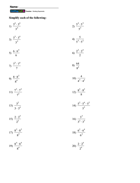 Exponents With Multiplication And Division With Same Base Worksheet