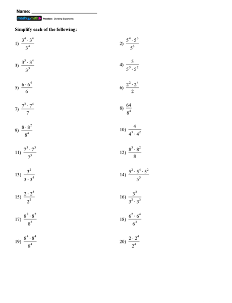 exponents with multiplication and division worksheet answers