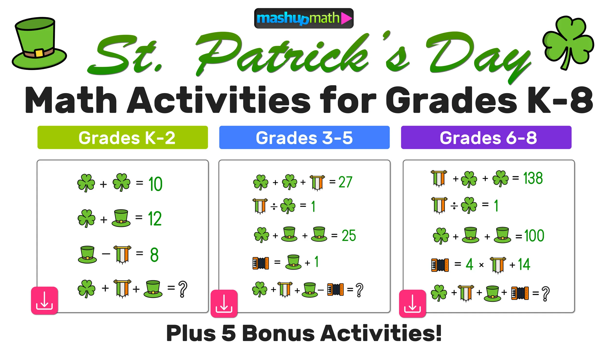 Free St. Patrick's Day Math Activities for Grades K-8