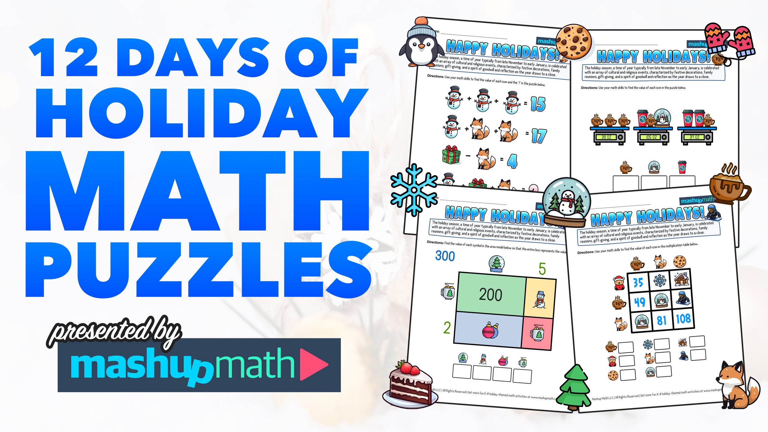 12 Days of Holiday Math Puzzles—Printable K-8 Worksheets
