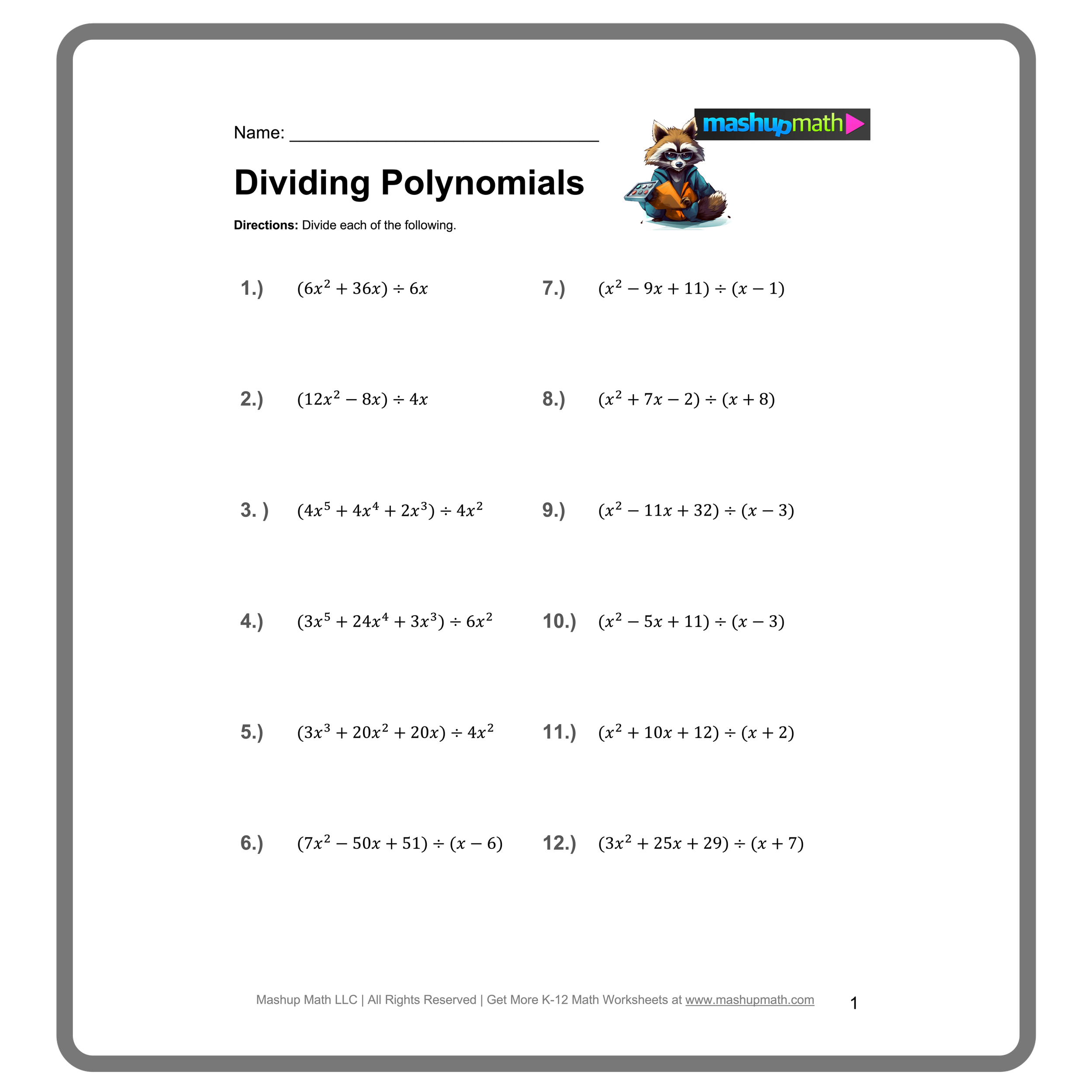 Polynomial division exercises with answers.