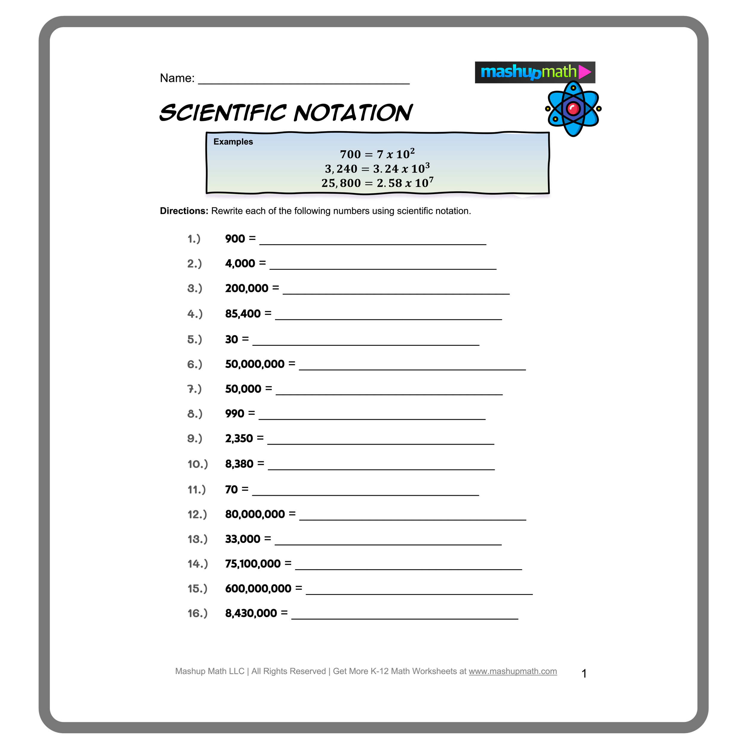 Practice Problems in Scientific Notation