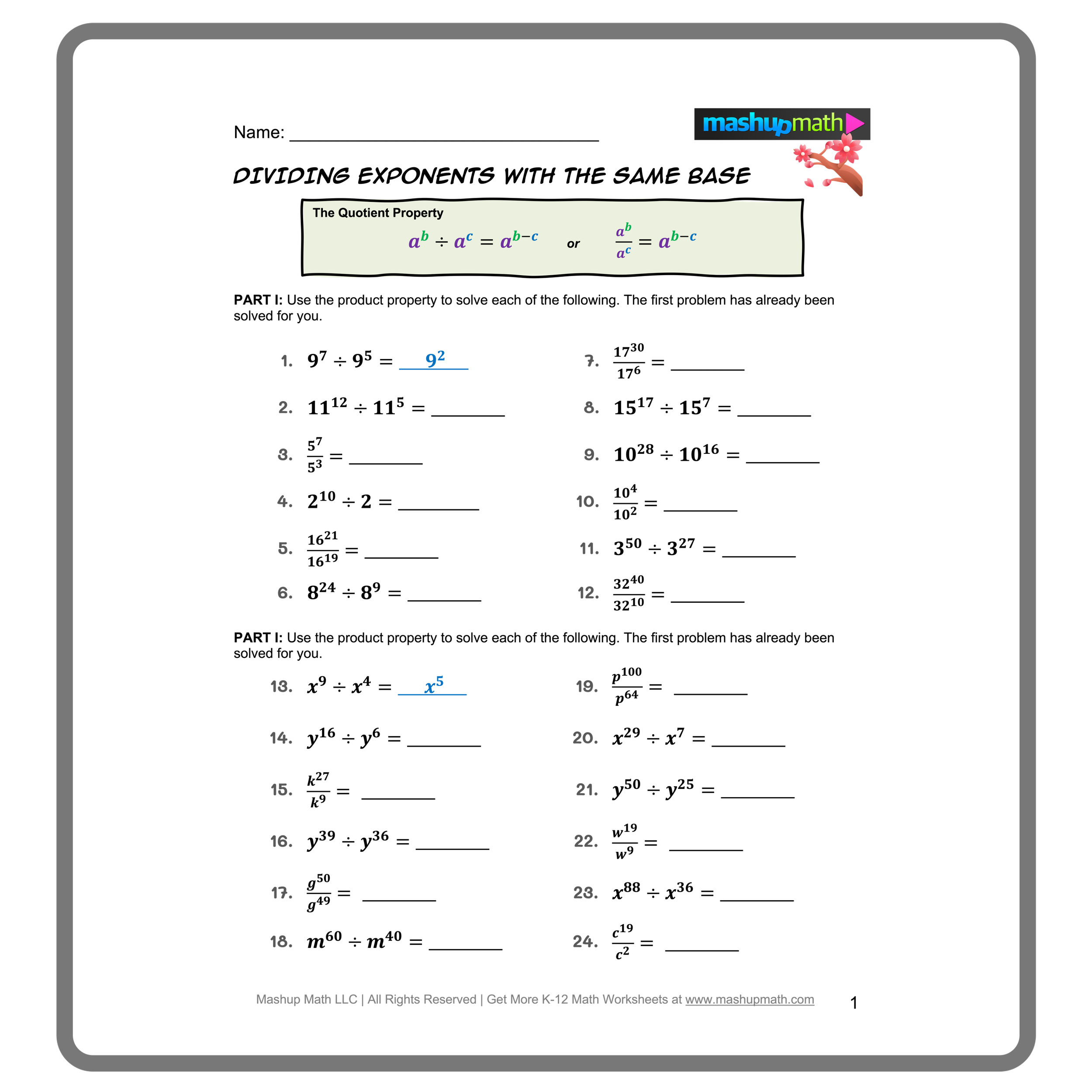 Free Printable Exponents Worksheet