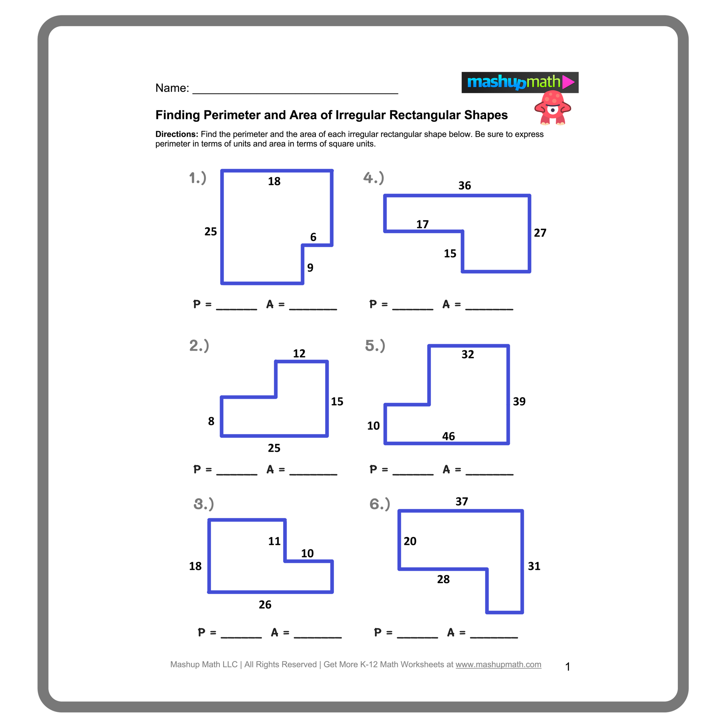 Printable Area of Irregular Shapes Worksheets