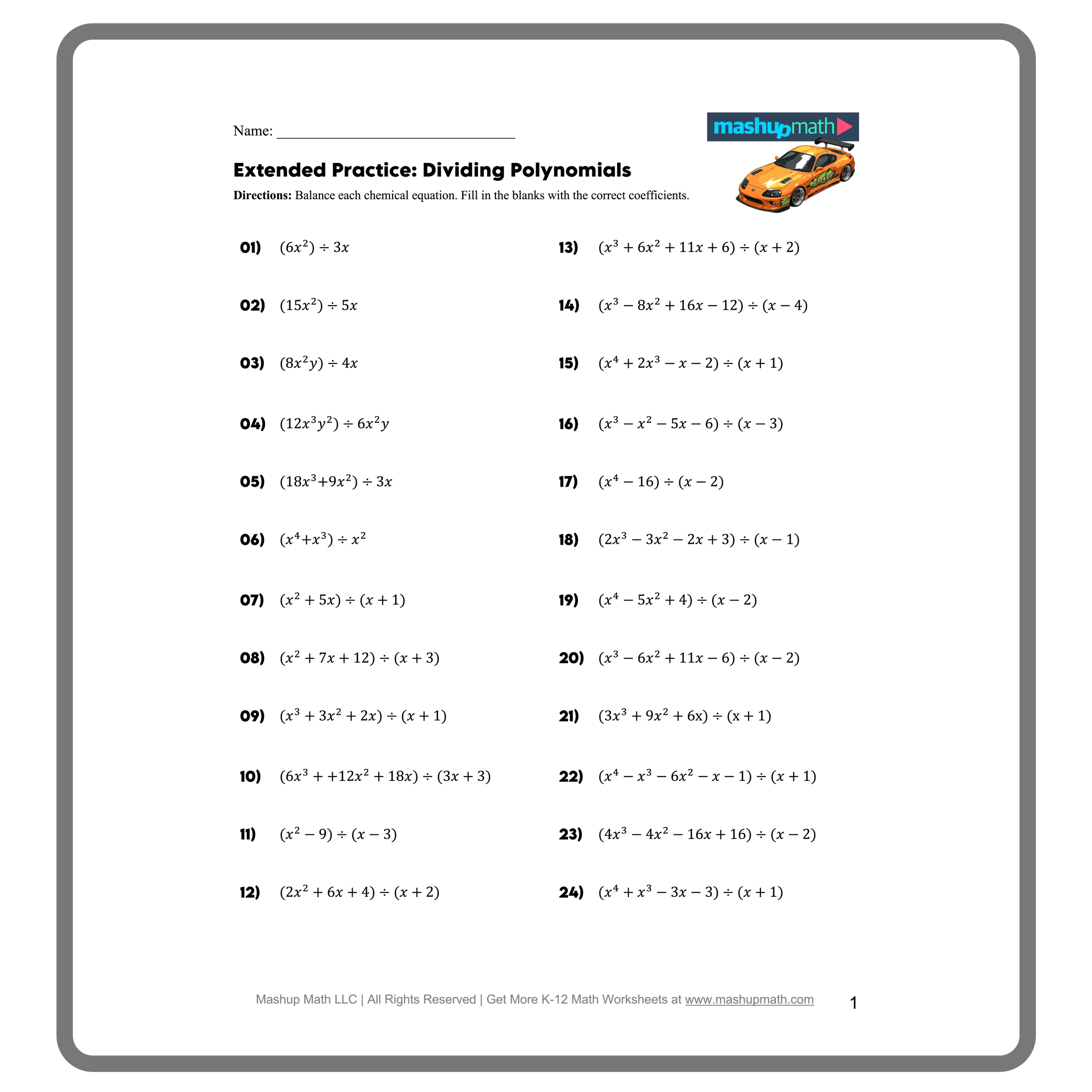 Dividing Polynomials Worksheets with Answers — Mashup Math