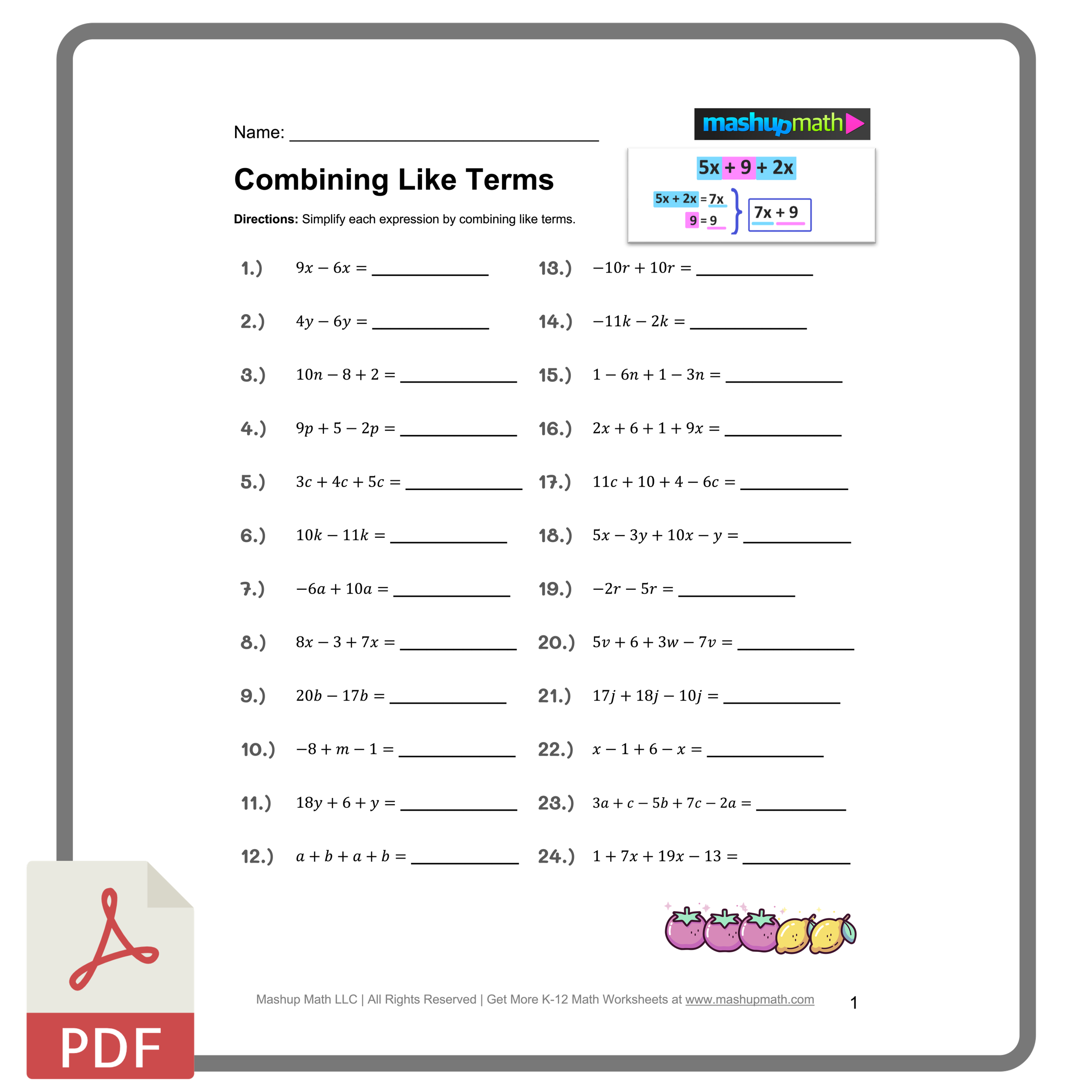 Free Worksheets Combining Like Terms with Answers