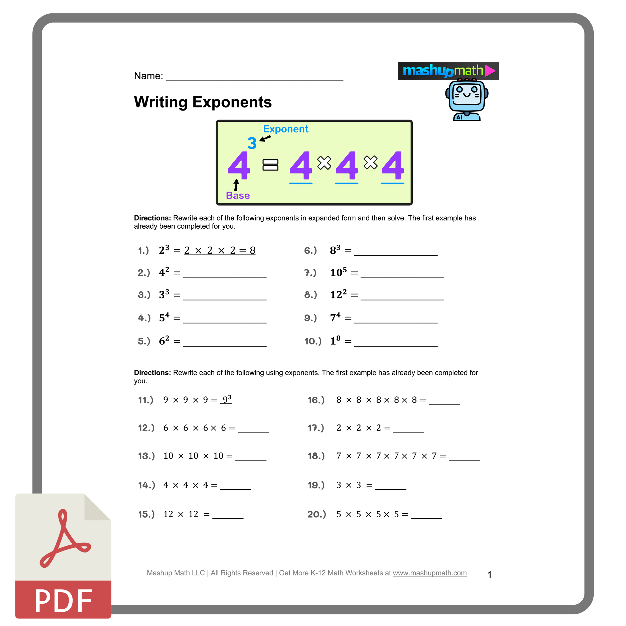 Free Exponents Worksheet for Beginners