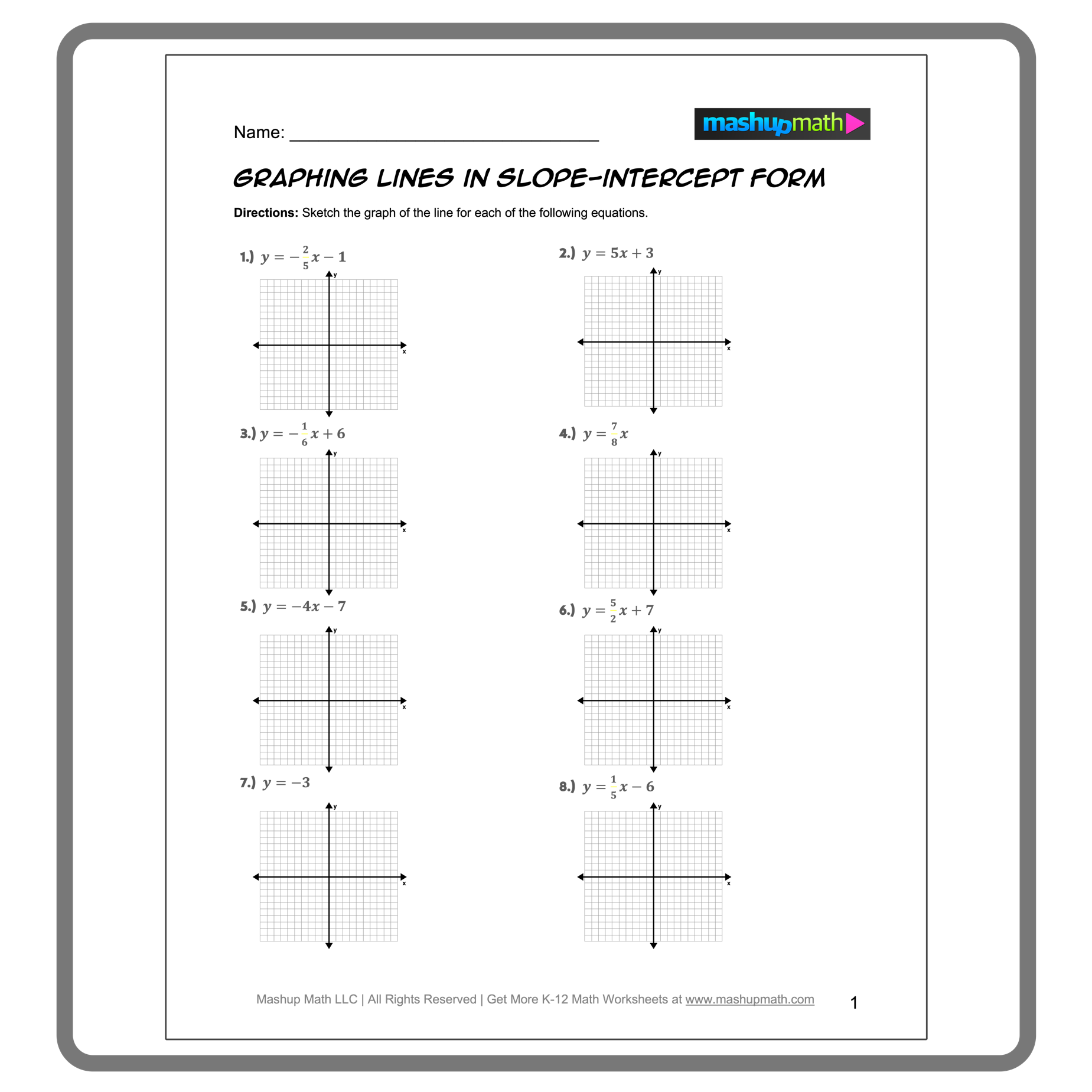 Free Printable Slope Intercept Form Worksheets