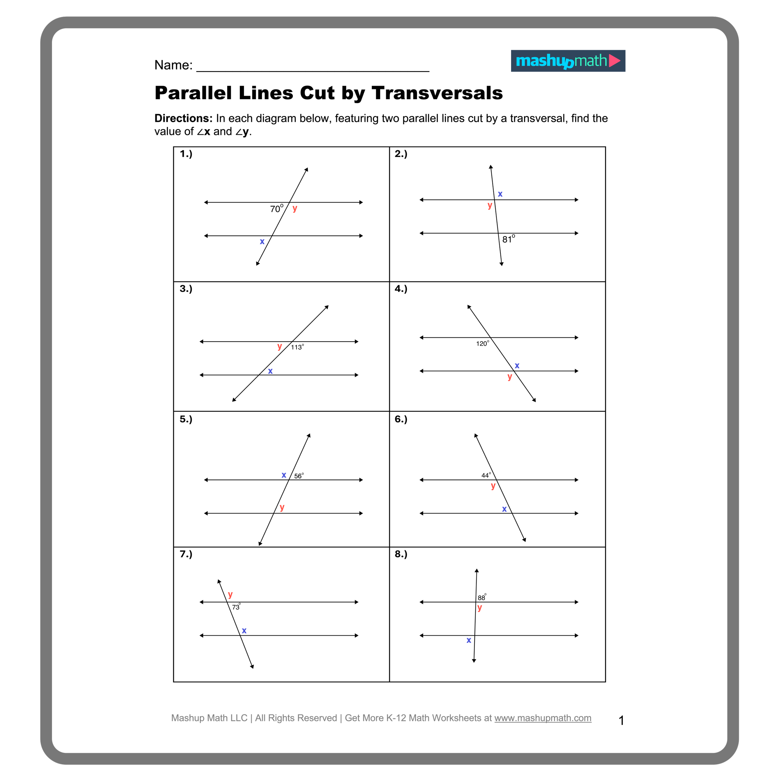 Parallel Lines Cut by a Transversal Worksheets—Printable with Answers — Mashup Math