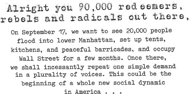 Alt text: A typewritten call for 20,000 people to occupy Wall Street on September 17. It encourages setting up tents and peaceful barricades, aiming for social change.