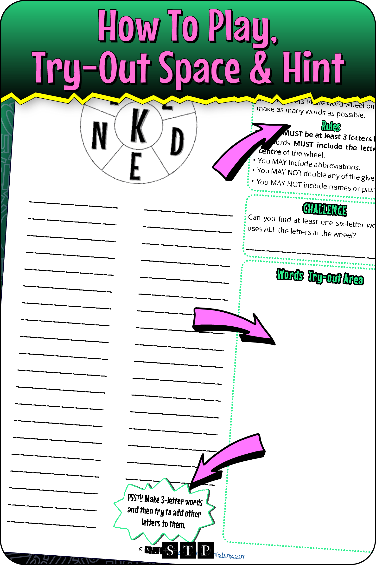 A 'look inside' preview highlighting the rules for the 'KLDENI' word wheel puzzle