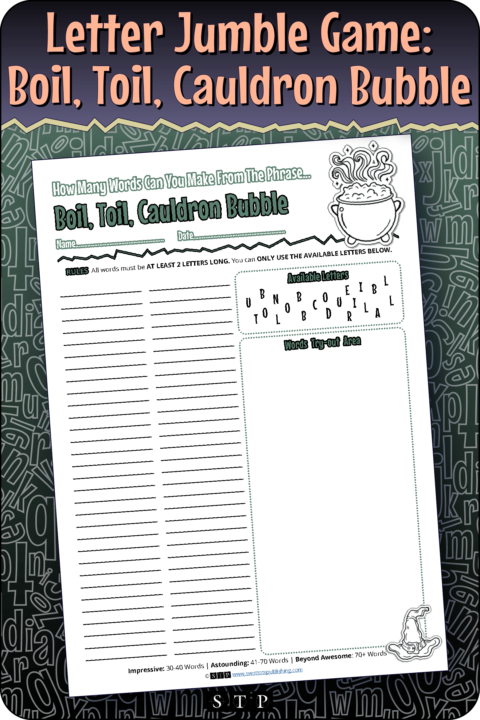 A mock-up of the 'Boil, Toil, Cauldron Bubble' (Version 1) letter jumble, a free word game for download.