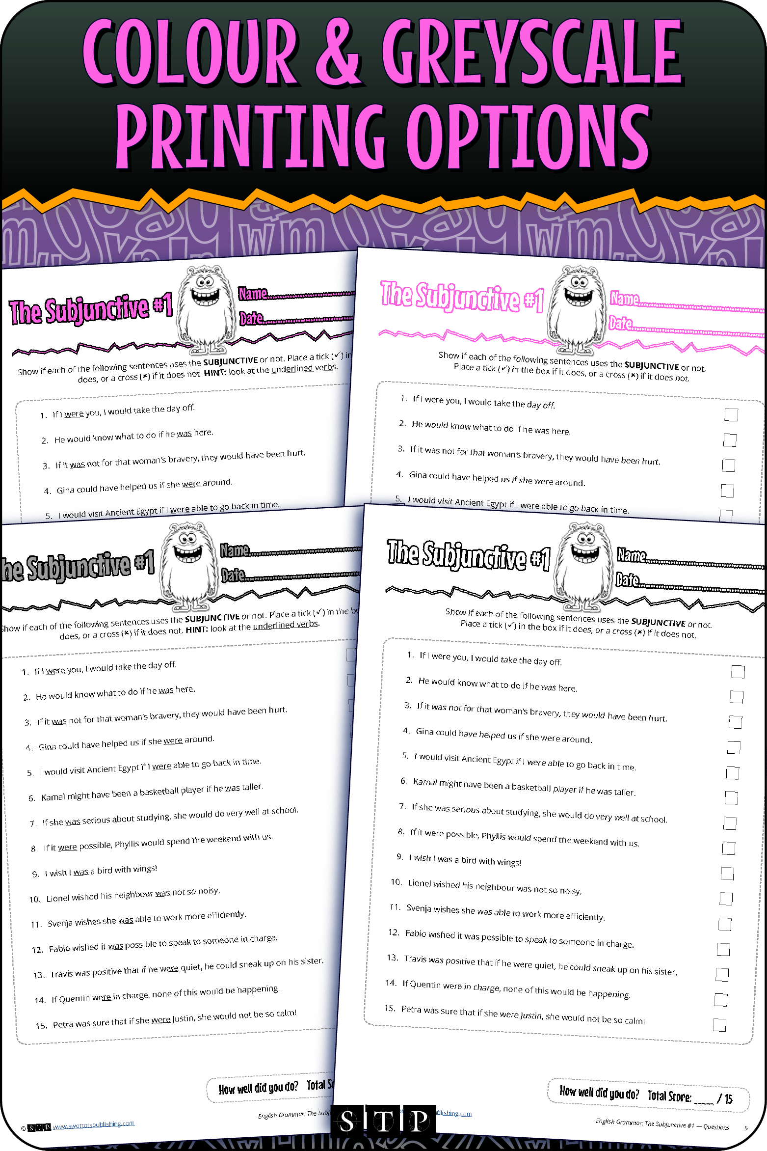 A 'look inside' preview showing the resource is available in both colour-accented and ink-friendly greyscale printing options.