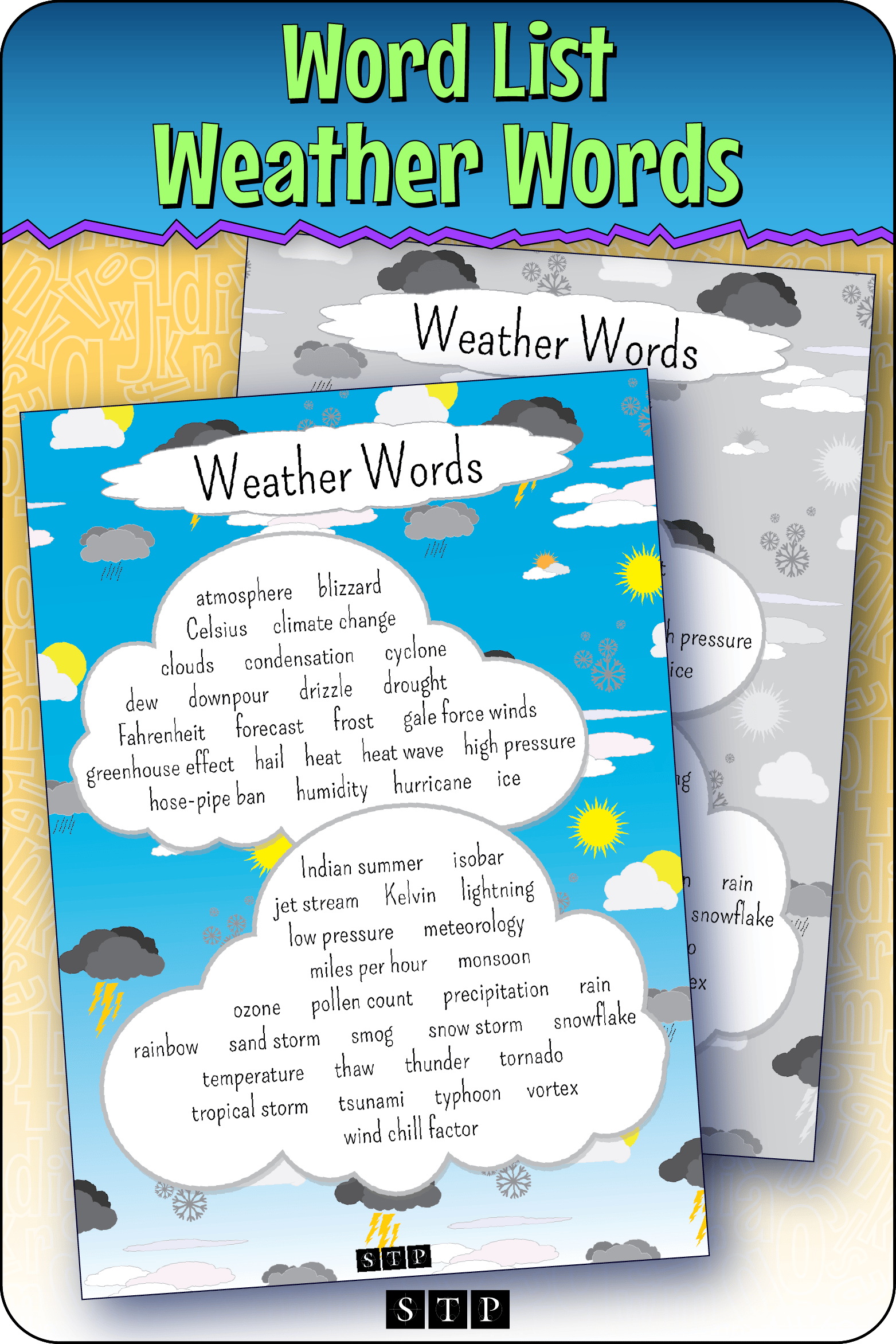 A mock-up of the 'Weather Words' word list, a free vocabulary and spelling resource for download for Years 5 & 6.