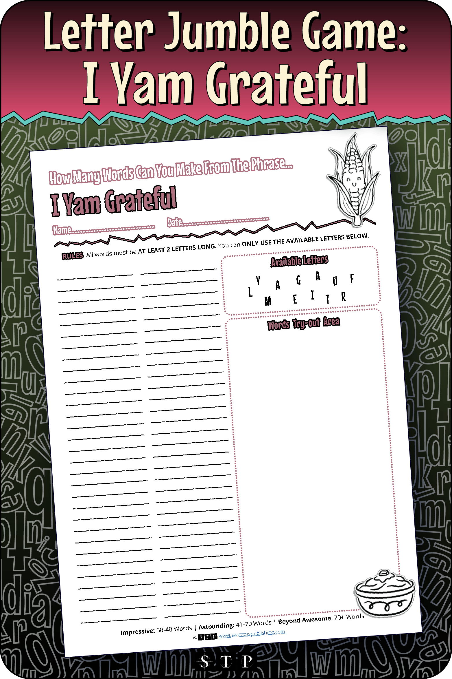 A mock-up of the 'I Yam Grateful' letter jumble, a free word game for download.
