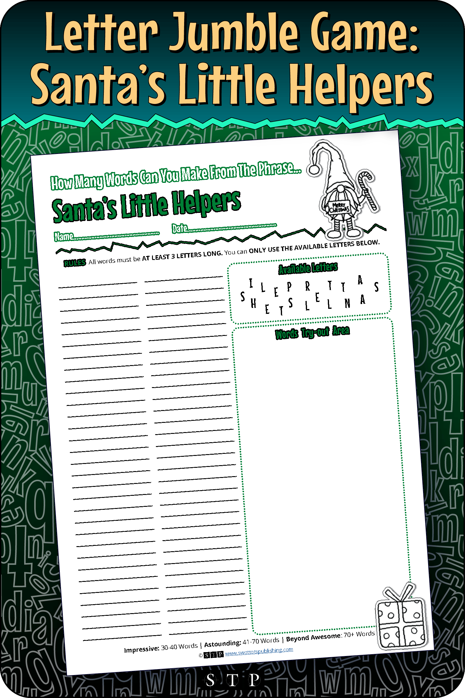 A mock-up of the 'Santa's Little Helpers' (Version 2) letter jumble, a free word game for download.