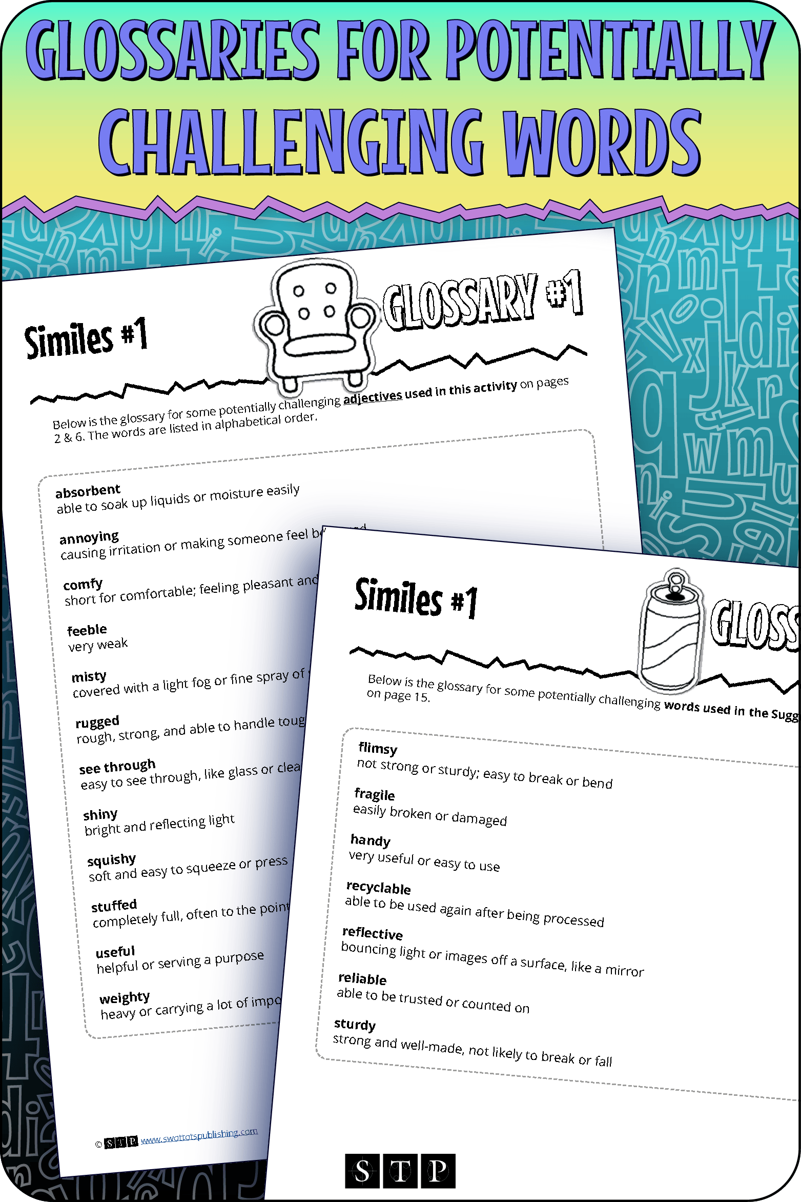 A 'look inside' preview showing the glossaries for potentially challenging words in the 'Similes #1' activity.