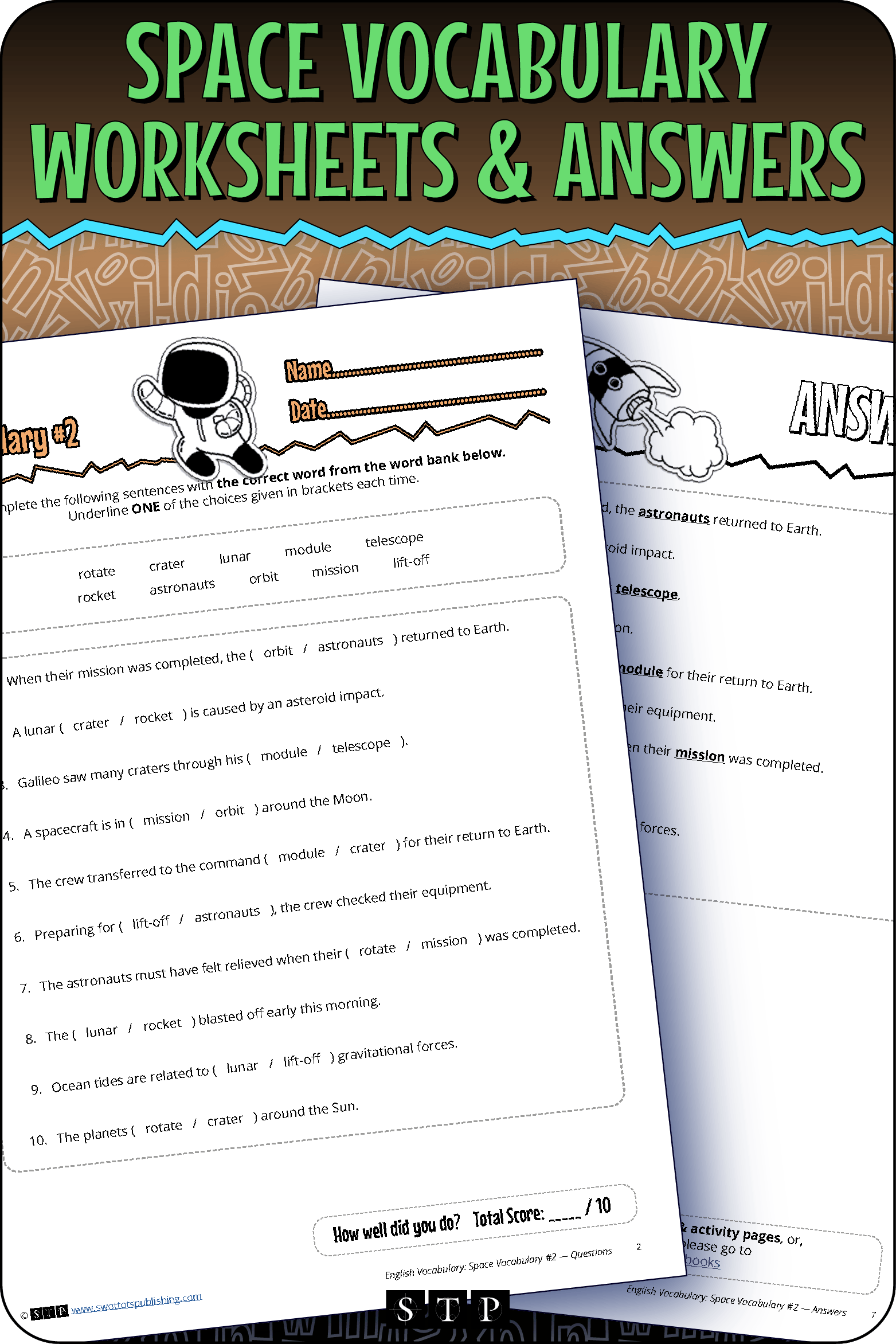 A mock-up of the 'Space Vocabulary #2' worksheets and answer key, a free vocabulary resource for download.