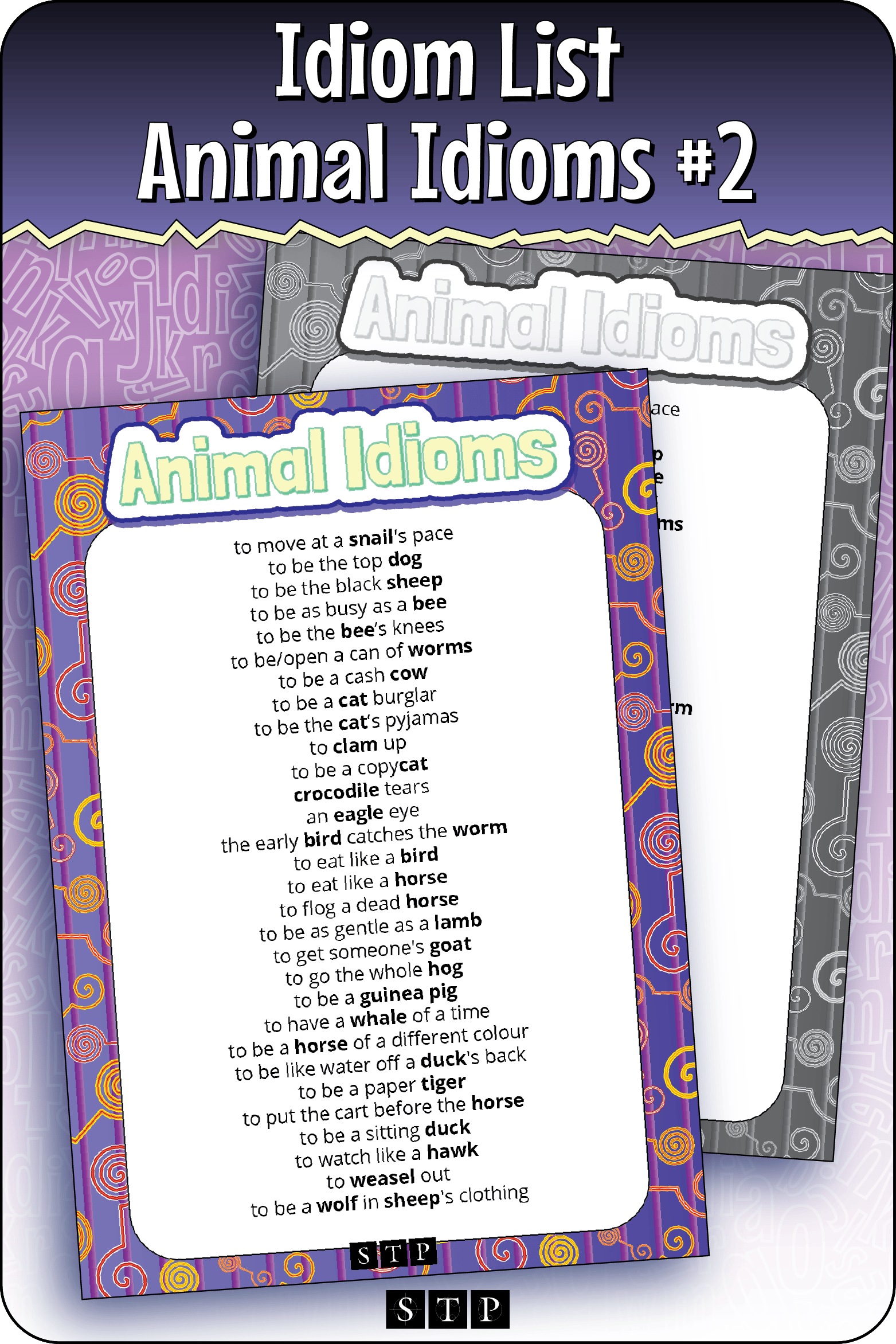 A mock-up of the 'Animal Idioms' phrase list, a free vocabulary resource for download for Years 6 & 7.