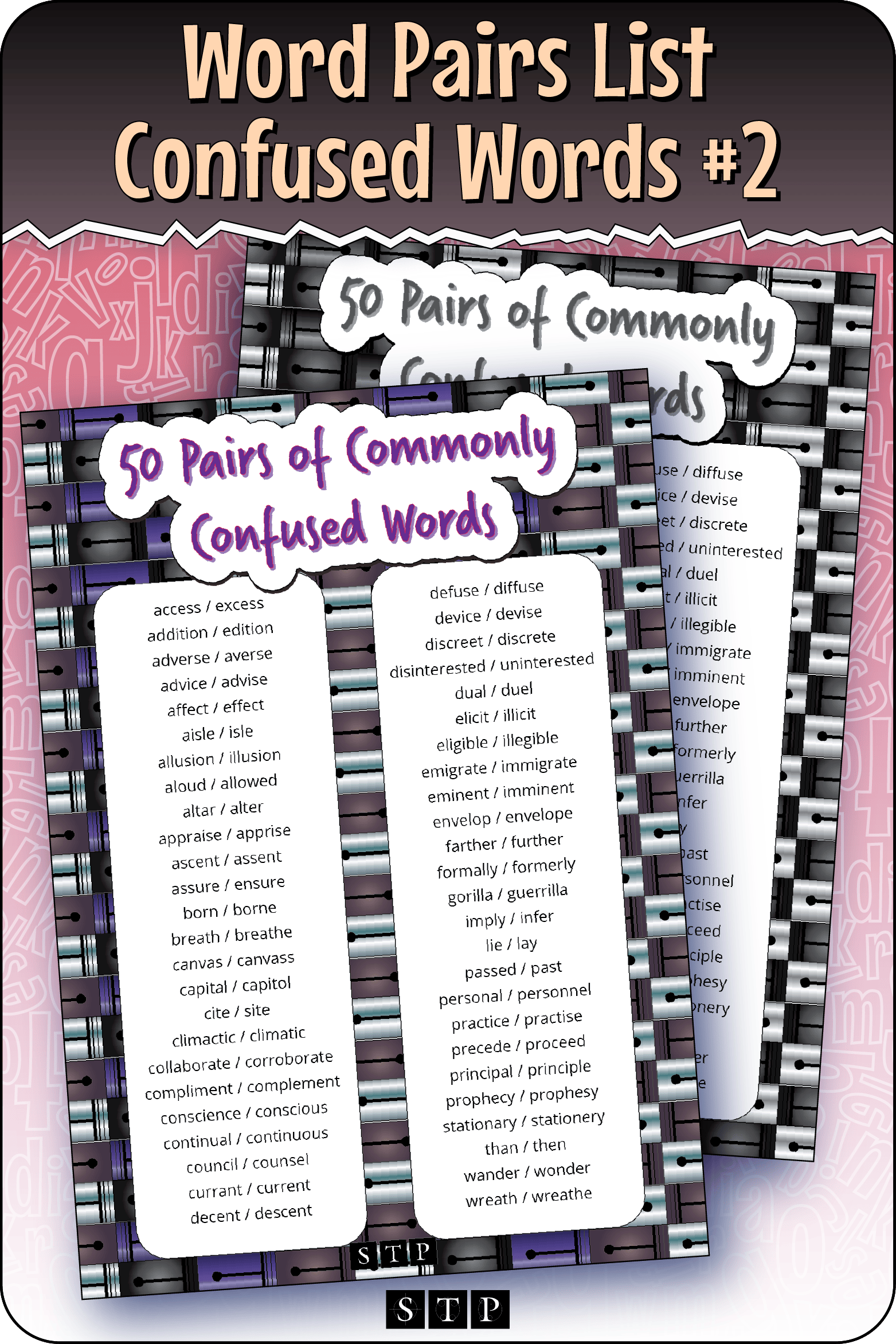 A mock-up of the '50 Pairs of Commonly Confused Words' word pairs list, a free vocabulary and spelling resource for download for Years 6 & 7.