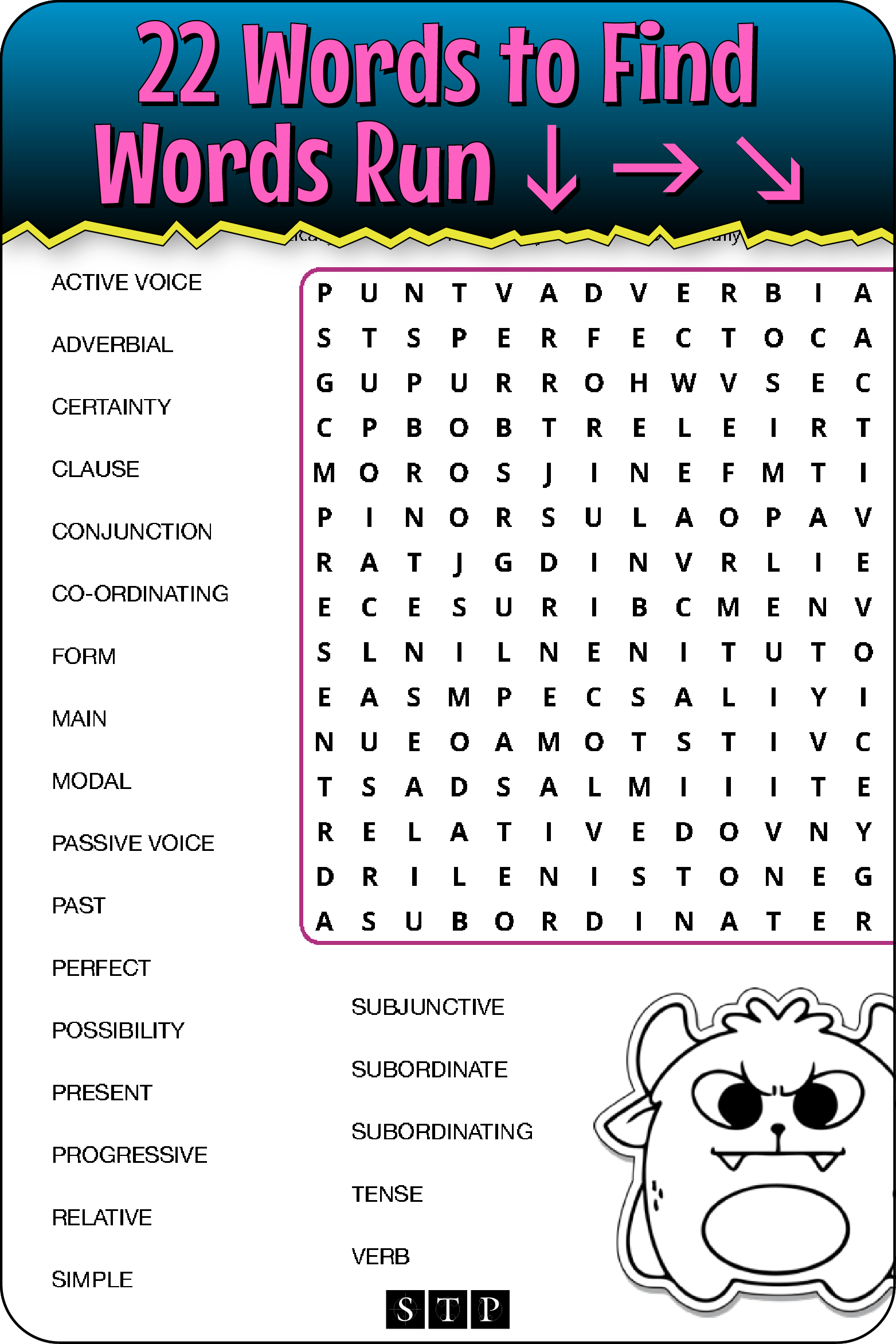 A 'look inside' preview showing the total number of words to find and the directions that the words take in the grid of the 'Grr…Grammar #2' word search puzzle.