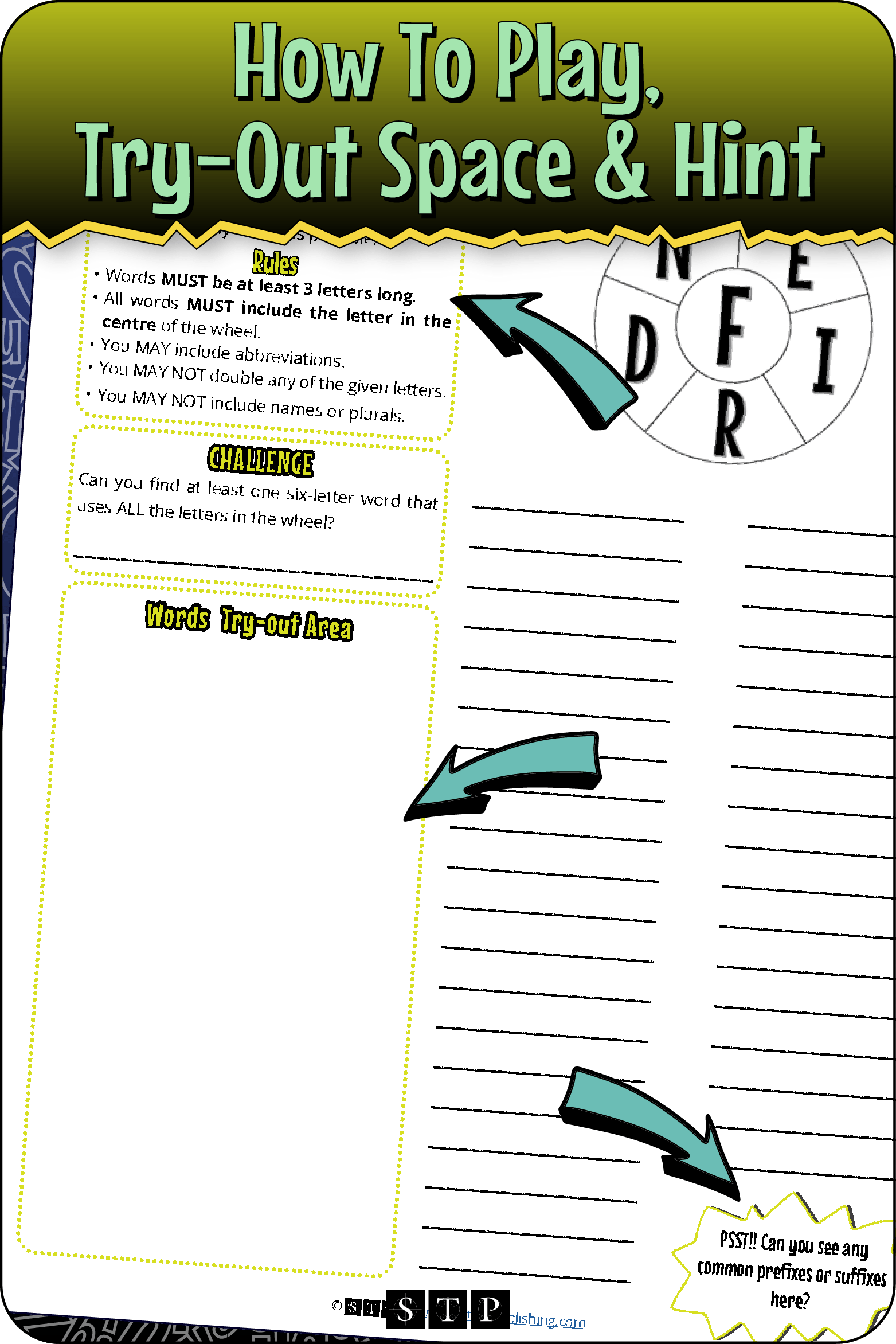 A 'look inside' preview highlighting the rules for the 'FEIRDN' word wheel puzzle