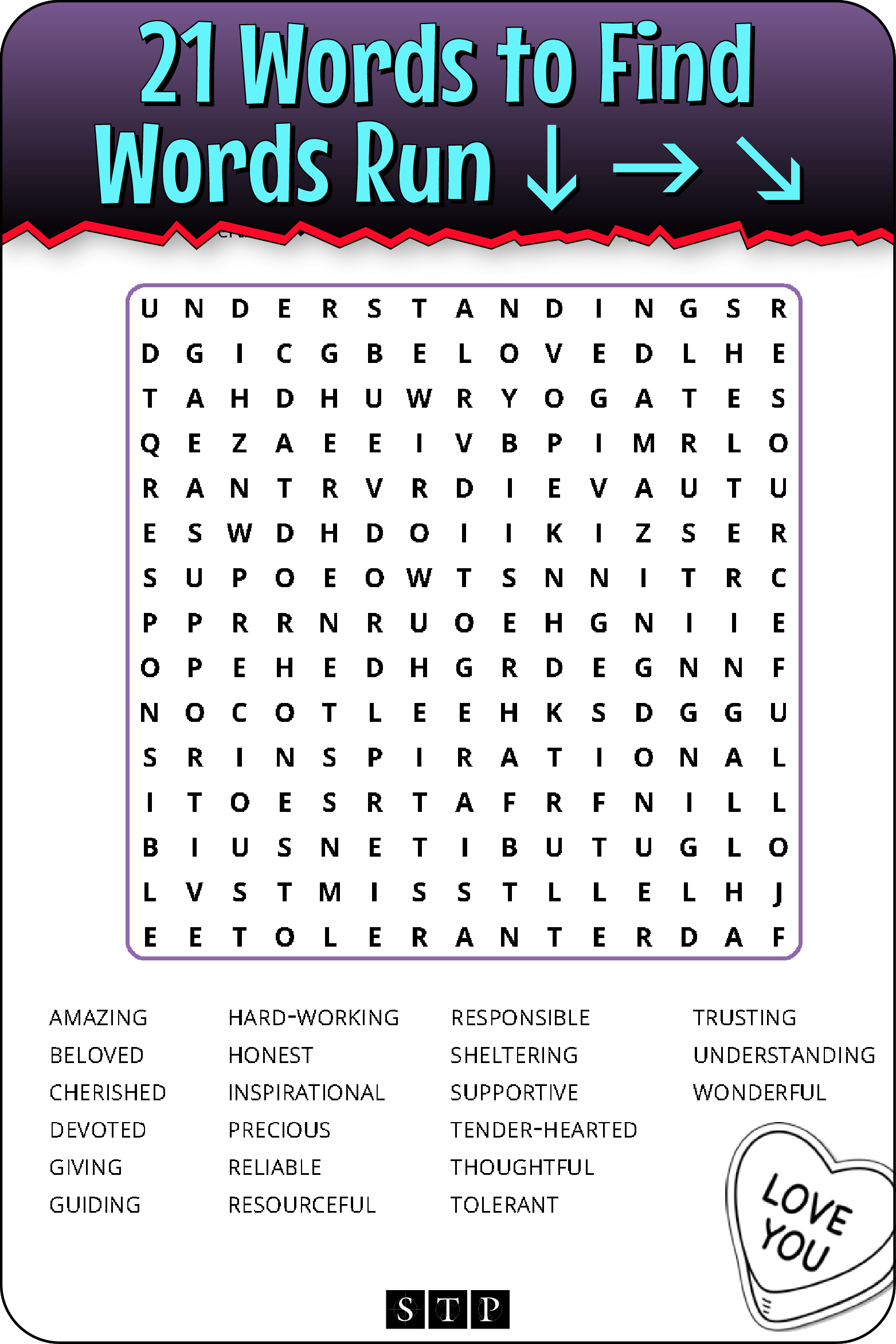A 'look inside' preview showing the total number of words to find and the directions that the words take in the grid of the 'Mother's Day' word search puzzle.
