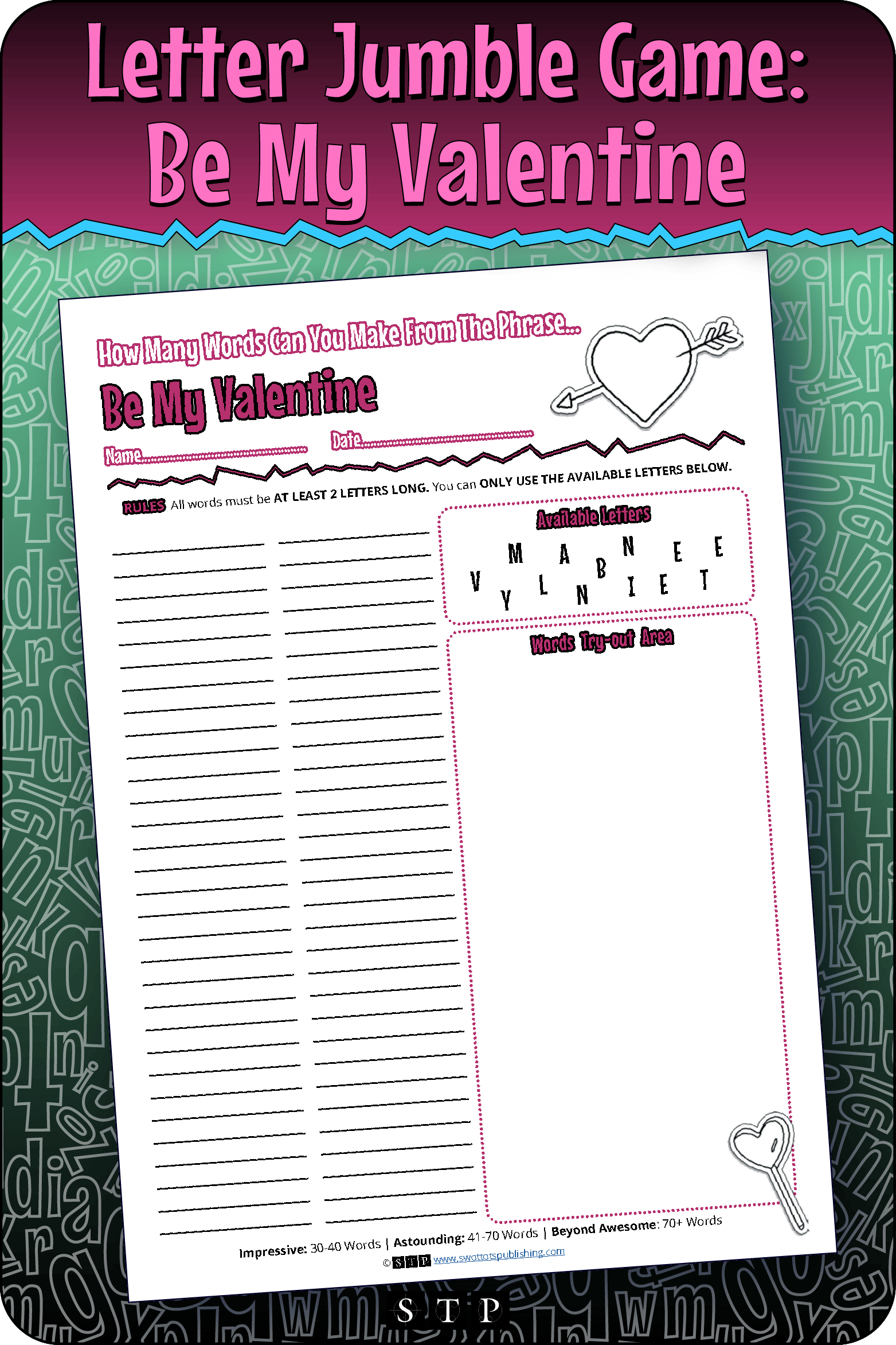 A mock-up of the 'Be My Valentine' letter jumble, a free word game for download.