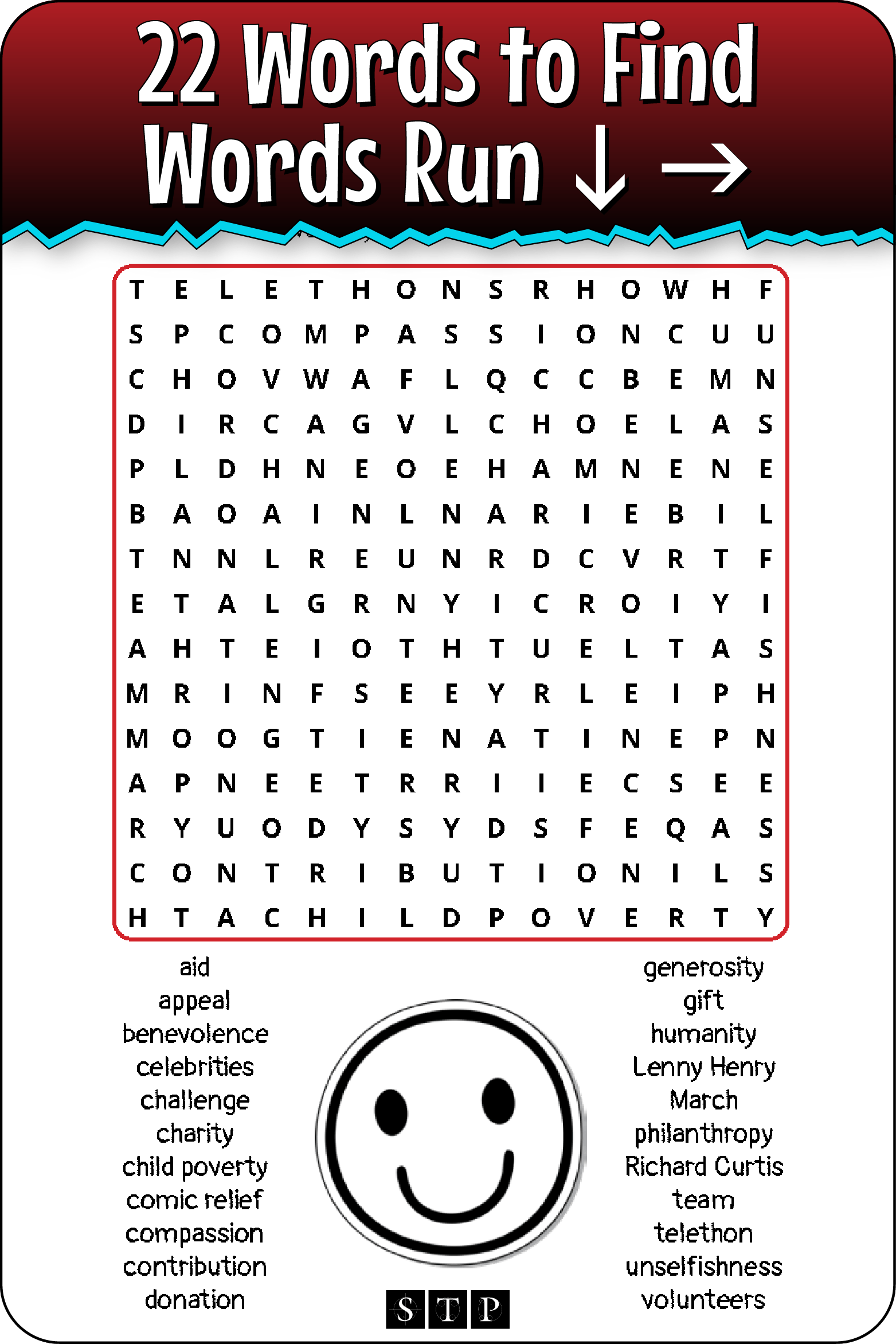 A 'look inside' preview showing the total number of words to find and the directions that the words take in the grid of the 'Red Nose Day' word search puzzle.