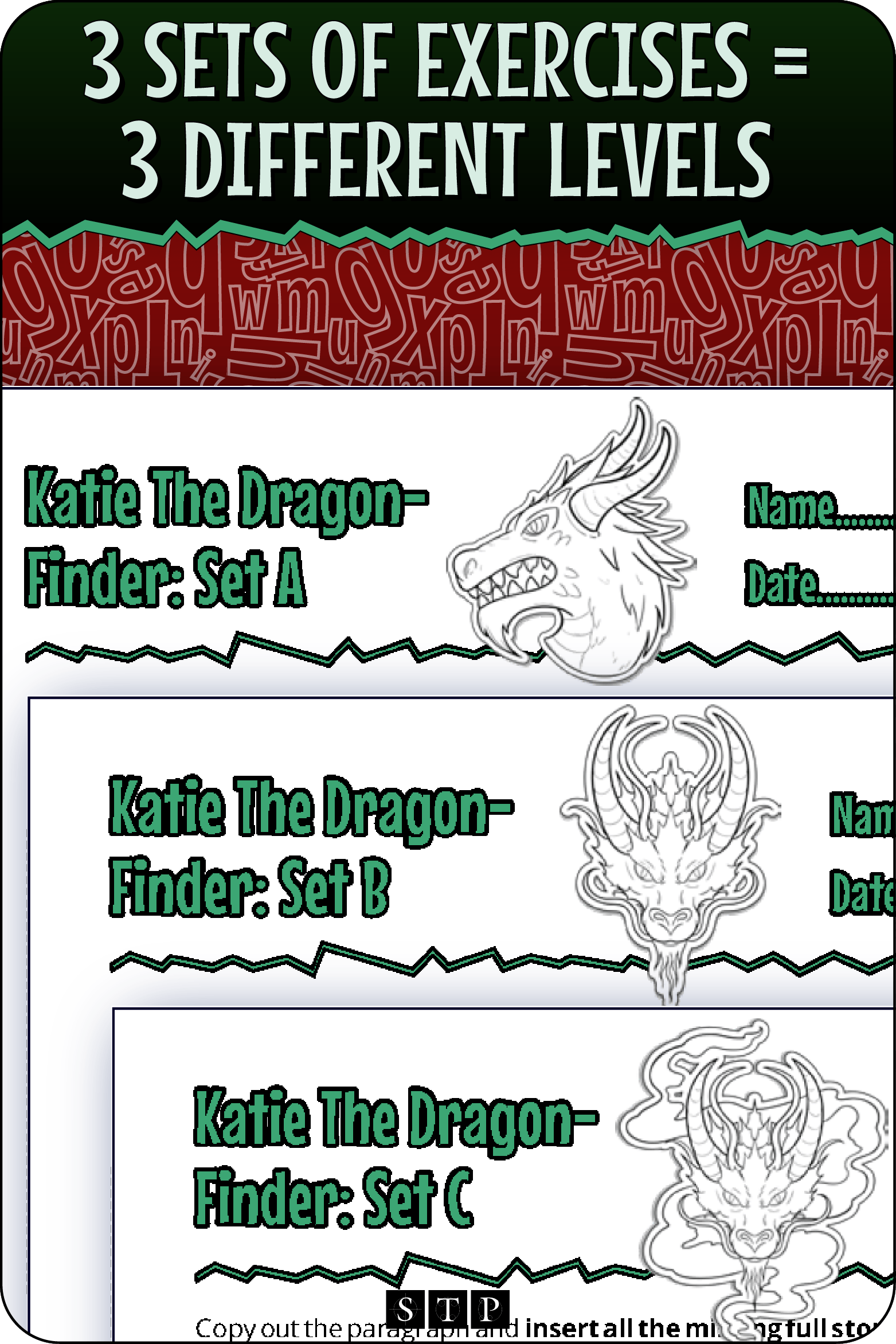 A 'look inside' preview showing the sets of worksheets, each with a different difficulty level.