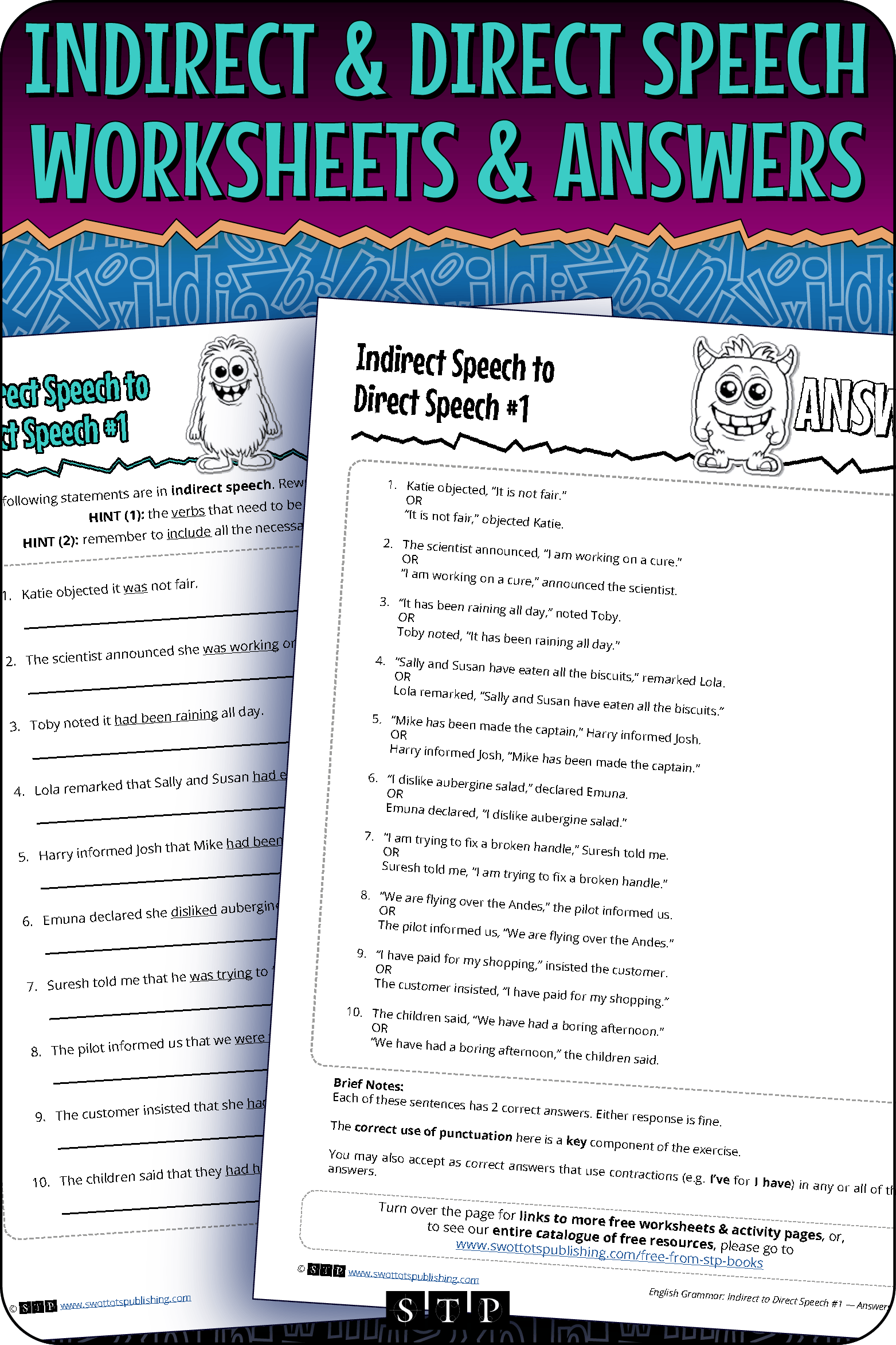 A mock-up of the 'Indirect & Direct Speech #1' worksheets and answer key, a free grammar resource for download.