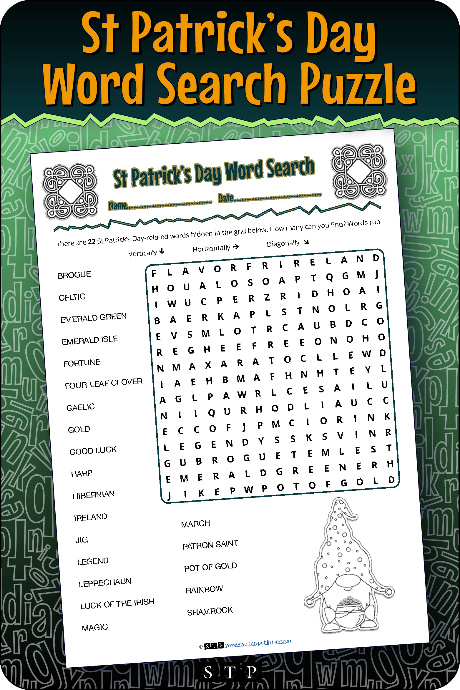 A mock-up of the 'St Patrick's Day' word search puzzle, a free word game for download.