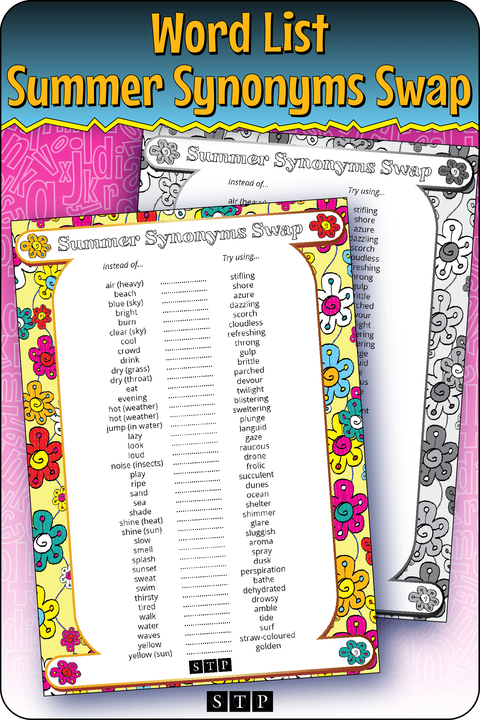 A mock-up of the 'Summer Synonyms Swap' list of alternative word choices, a free vocabulary and spelling resource for download for Years 5 & 6.