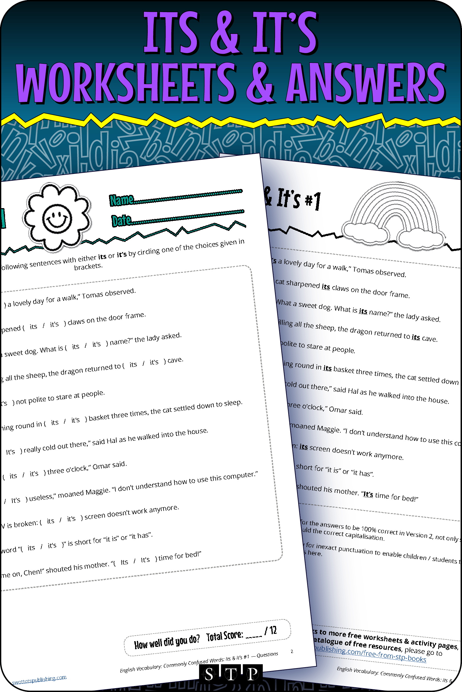 A mock-up of the 'Its & It's #1' worksheets and answer key, a free grammar and vocabulary resource for download.
