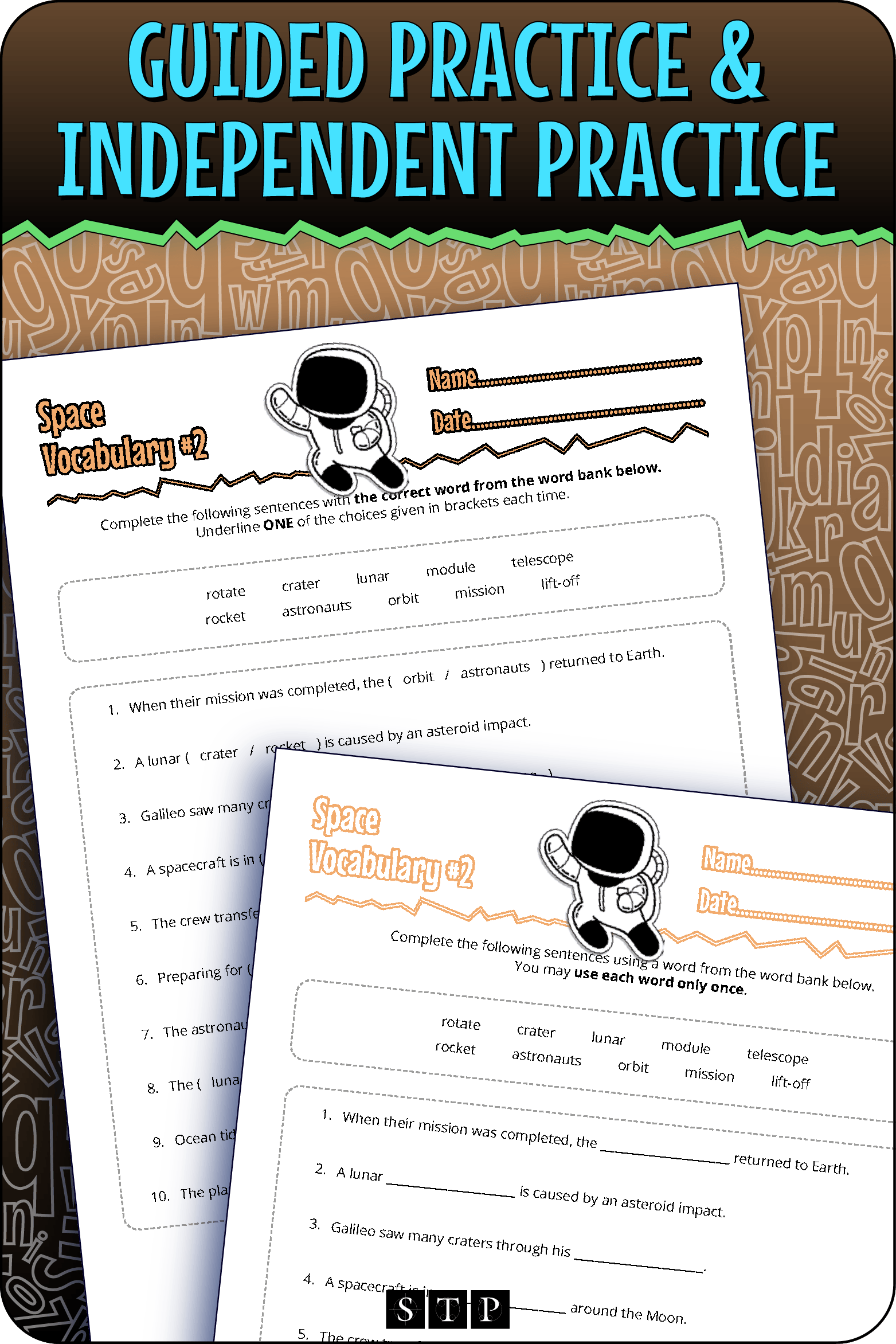 A 'look inside' preview showing the two differentiated worksheets: Version 1 (Guided Practice) with hints and Version 2 (Independent Practice).