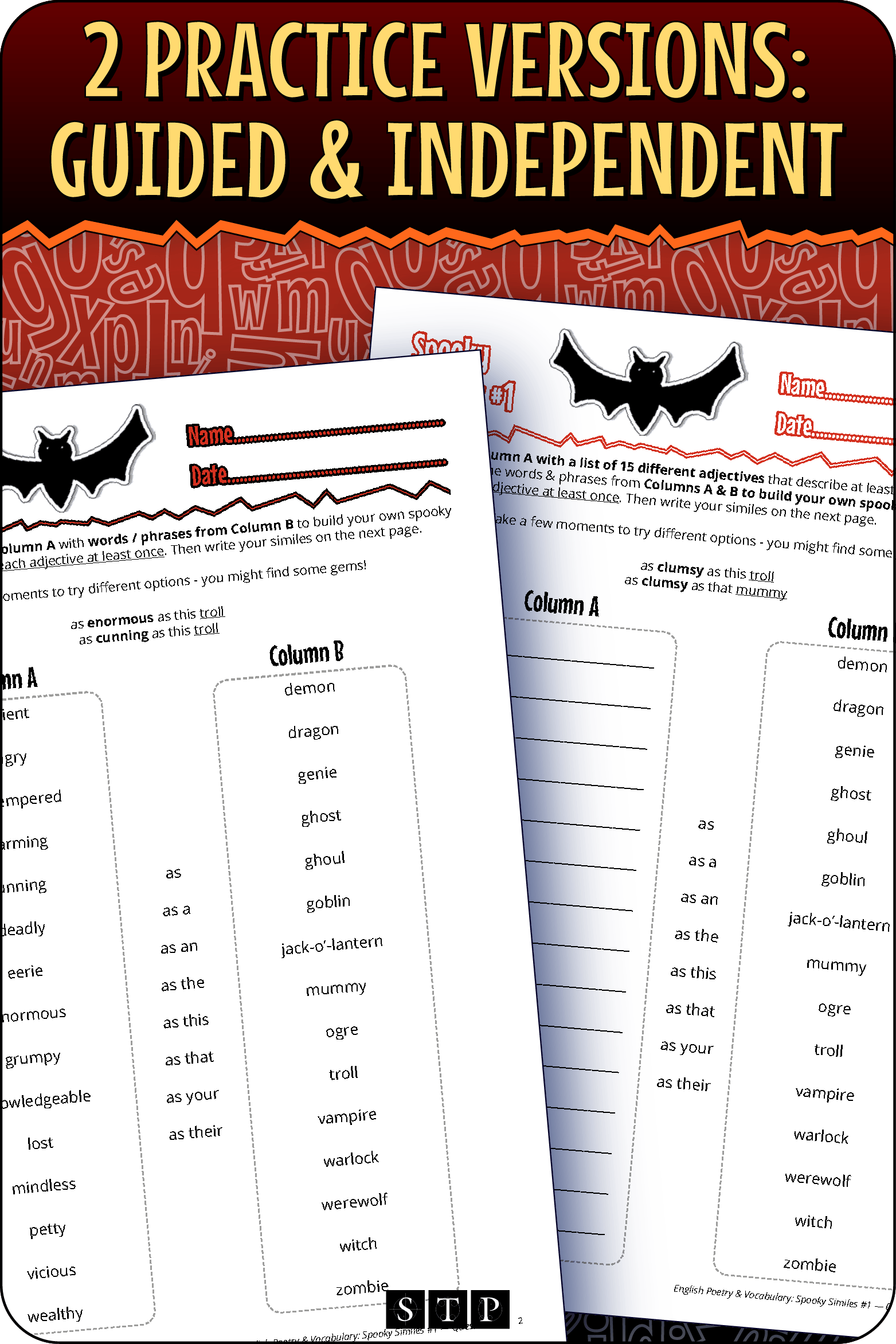 A 'look inside' preview showing the two differentiated activities: Version 1 (Guided Practice) with hints and Version 2 (Independent Practice).