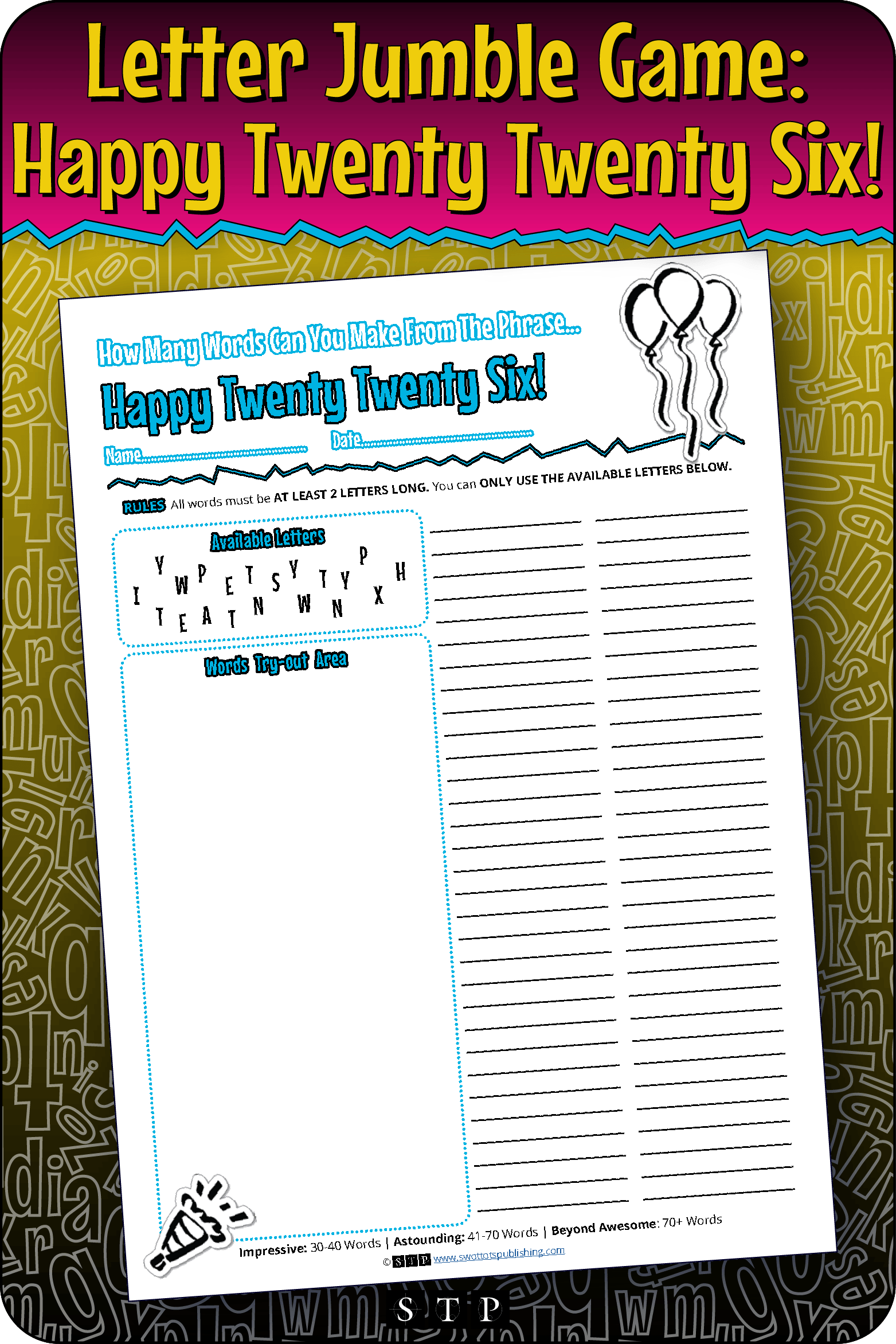 A mock-up of the 'Happy Twenty Twenty Six!' letter jumble, a free word game for download.