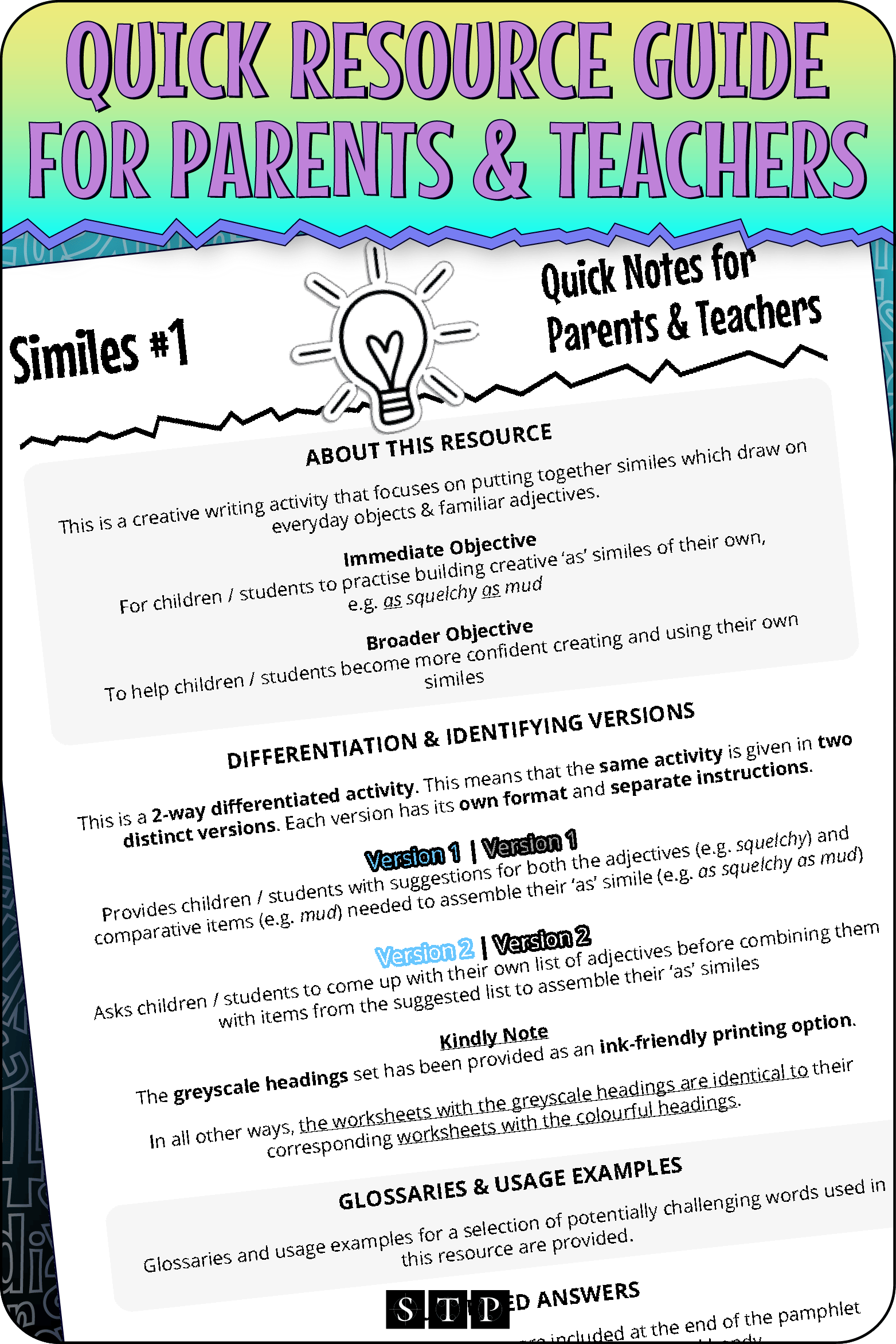 A 'look inside' preview highlighting the 'Quick Resource Guide for Parents & Teachers' included with the worksheets which explains the resource's learning objectives and differentiated versions.