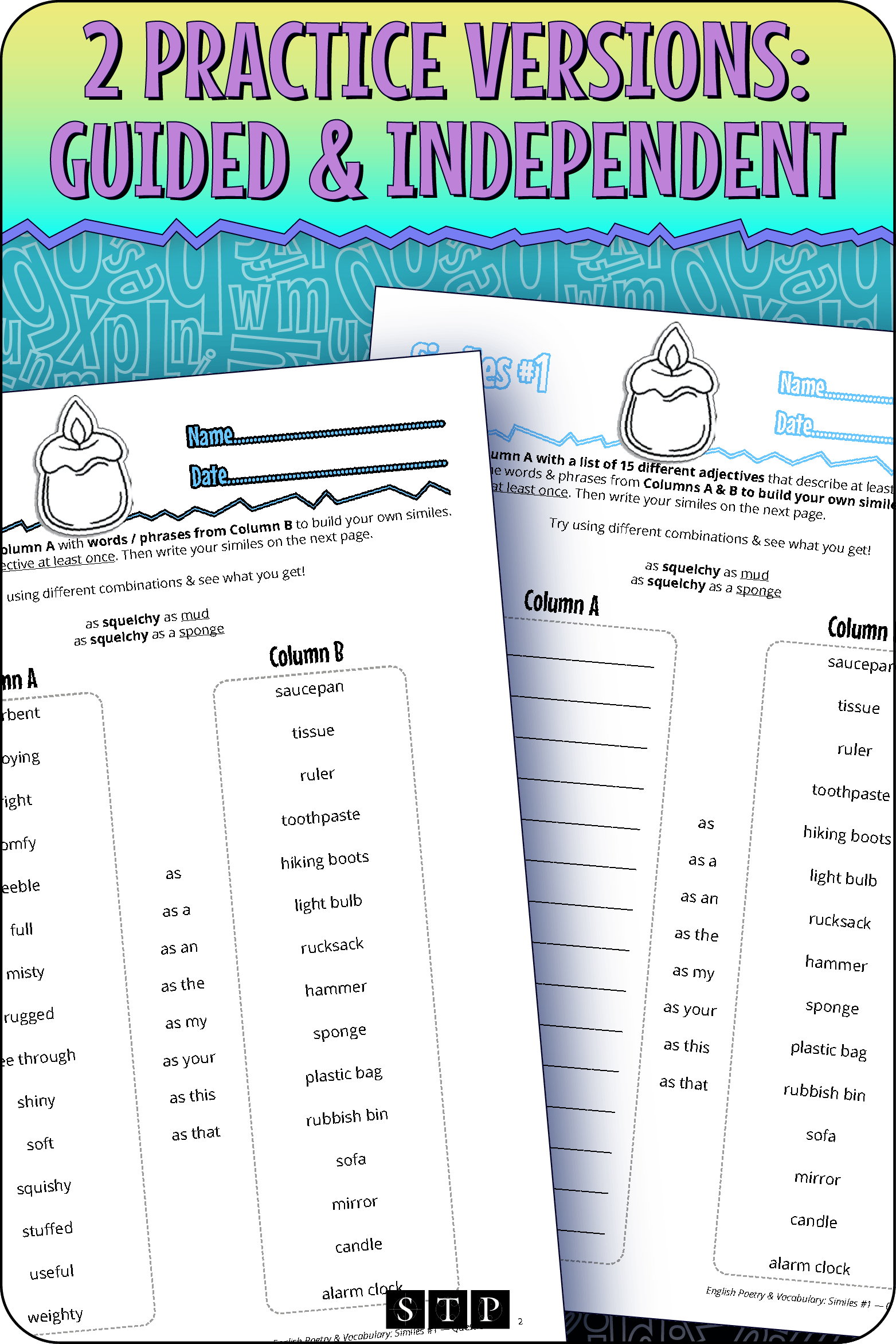 A 'look inside' preview showing the two differentiated activities: Version 1 (Guided Practice) with hints and Version 2 (Independent Practice).