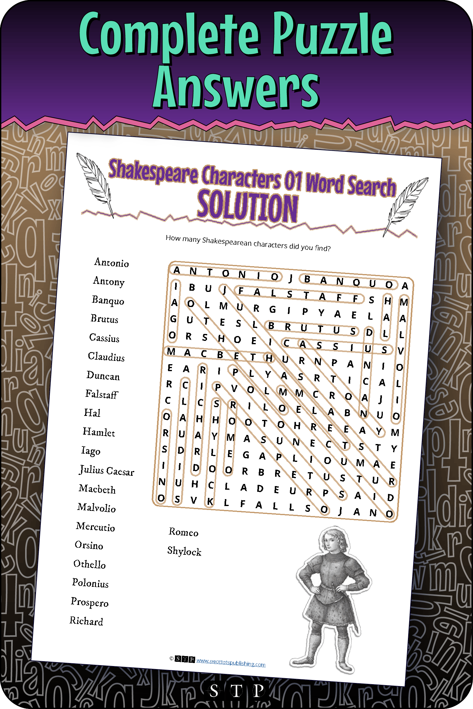 A 'look inside' preview showing the complete Shakespeare Characters 01 word search puzzle answers.