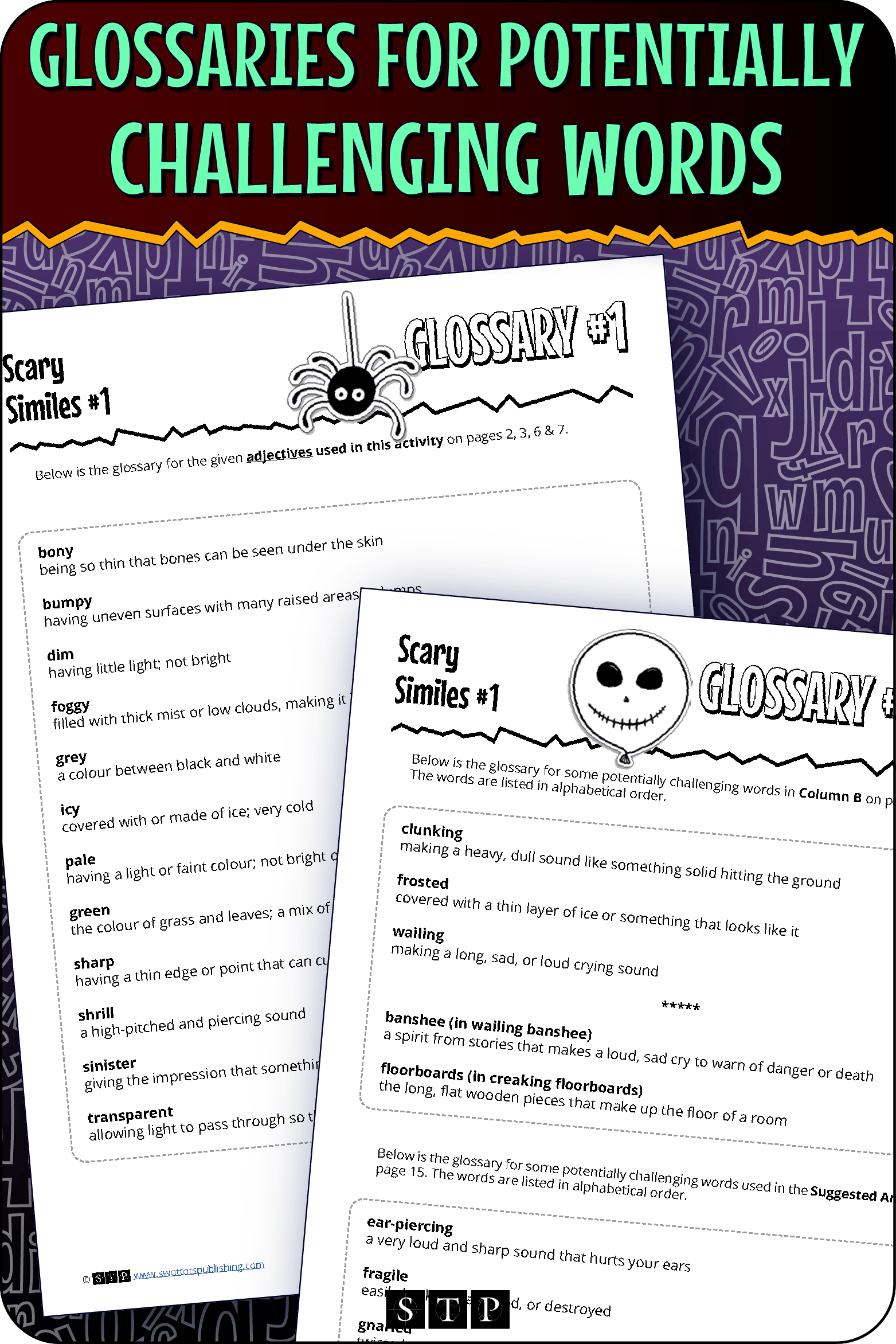 A 'look inside' preview showing the glossaries for potentially challenging words in the 'Scary Similes #1' activity.