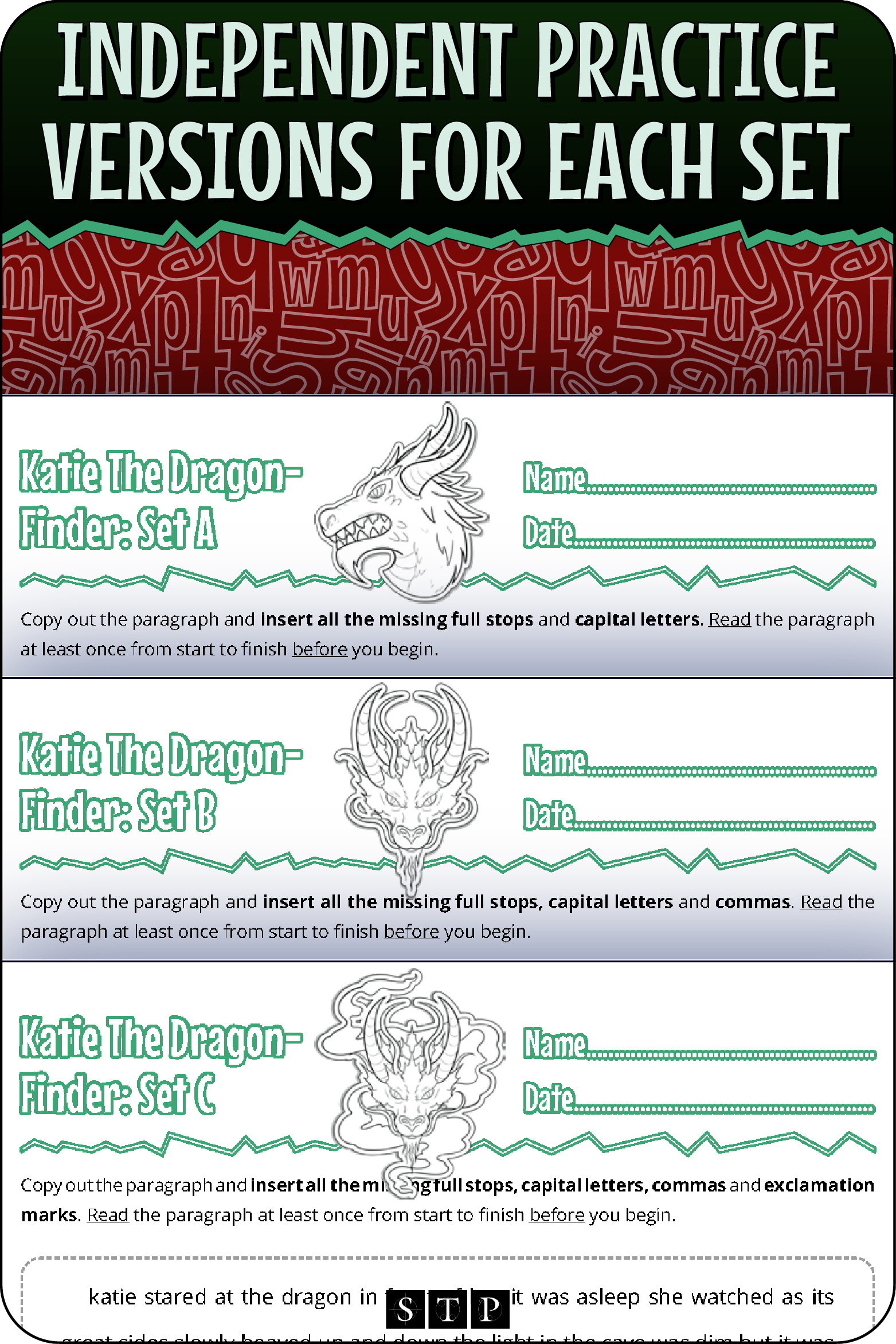 A 'look inside' preview showing the rubrics for the independent practice versions of the 'Katie the Dragon-Finder' paragraph punctuation worksheets.