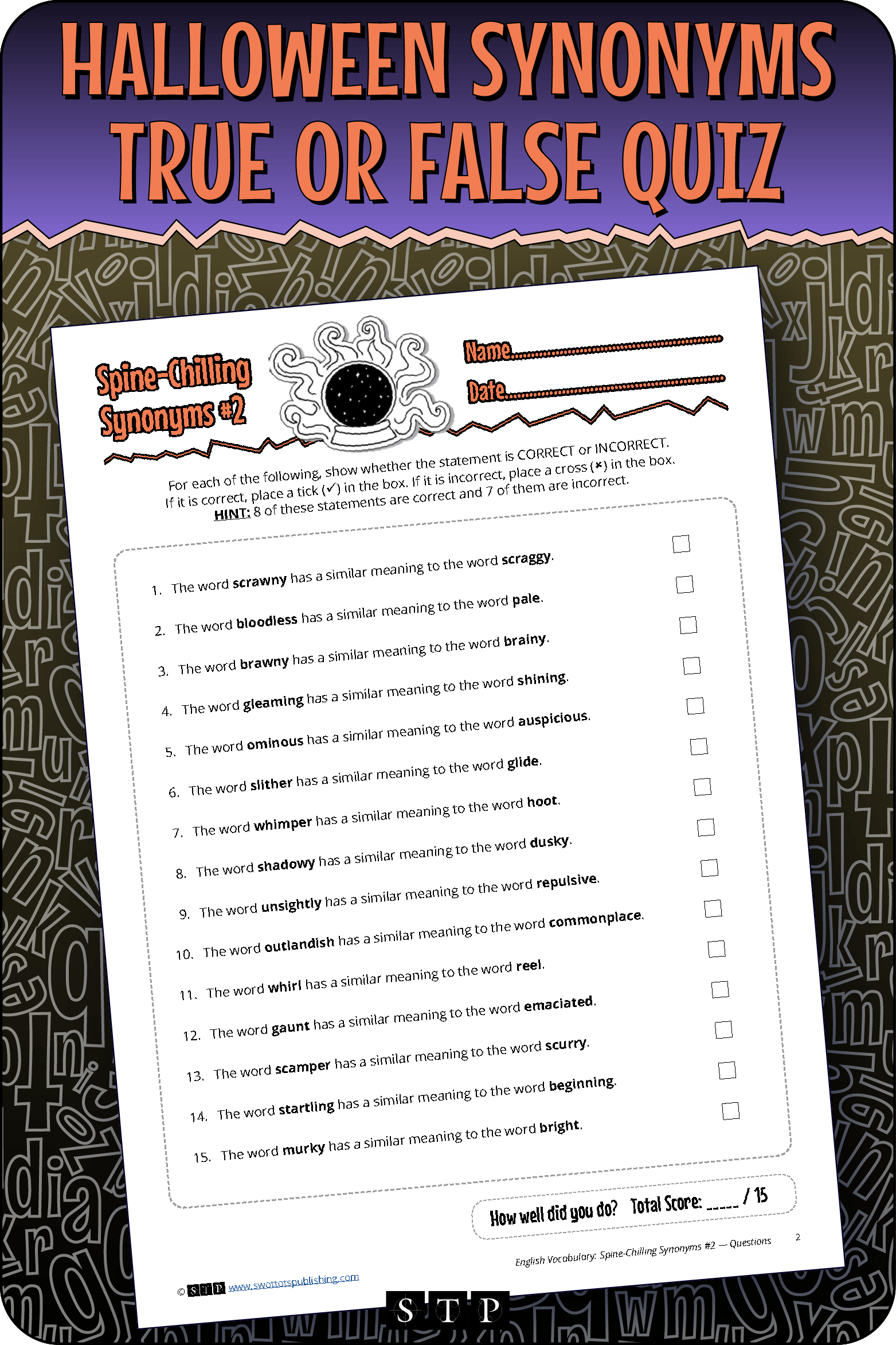 A mock-up of the 'Spine-Chilling Synonyms #2' true or false quiz, a free vocabulary resource for download.