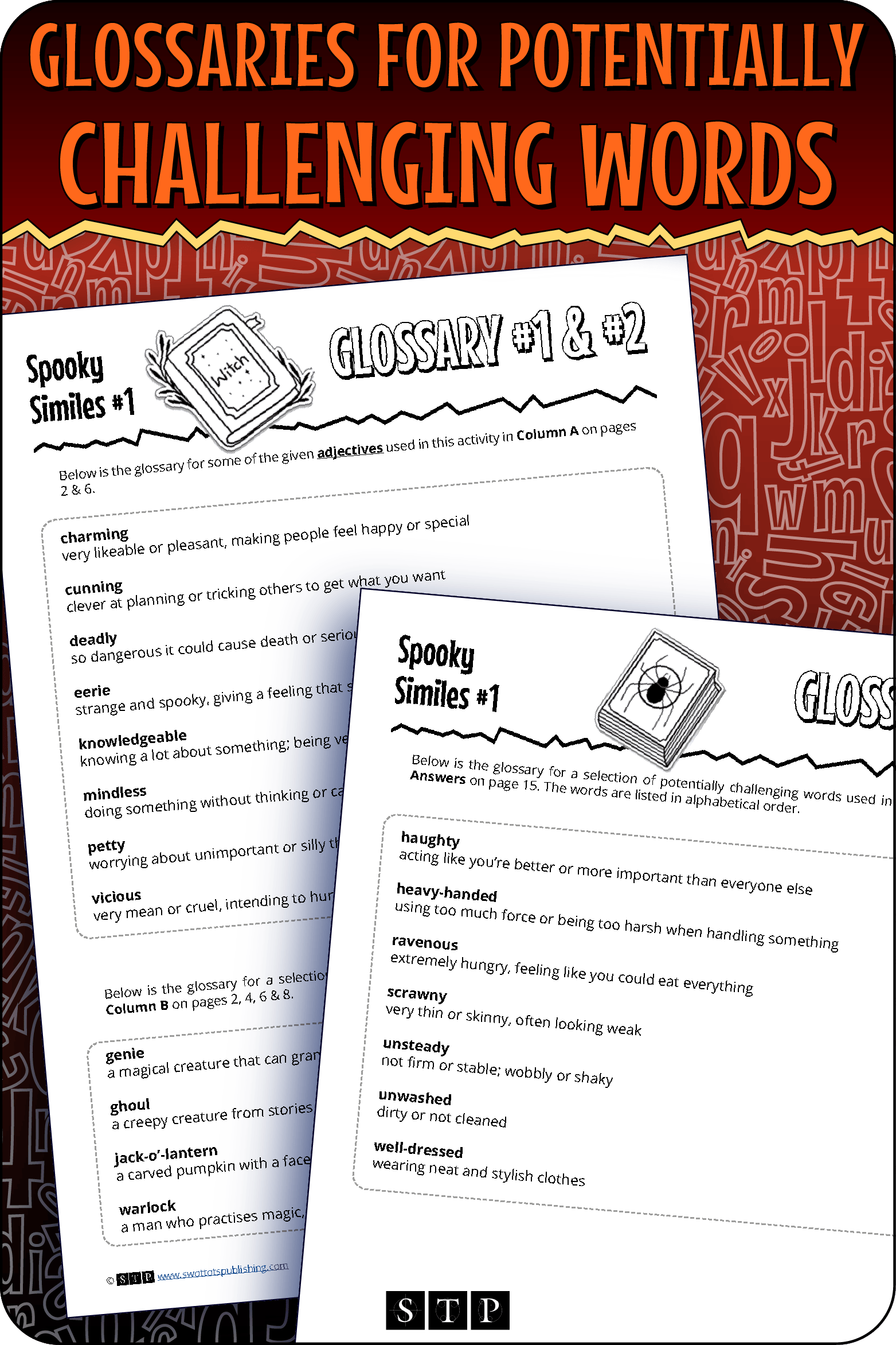 A 'look inside' preview showing the glossaries for potentially challenging words in the 'Spooky Similes #1' activity.