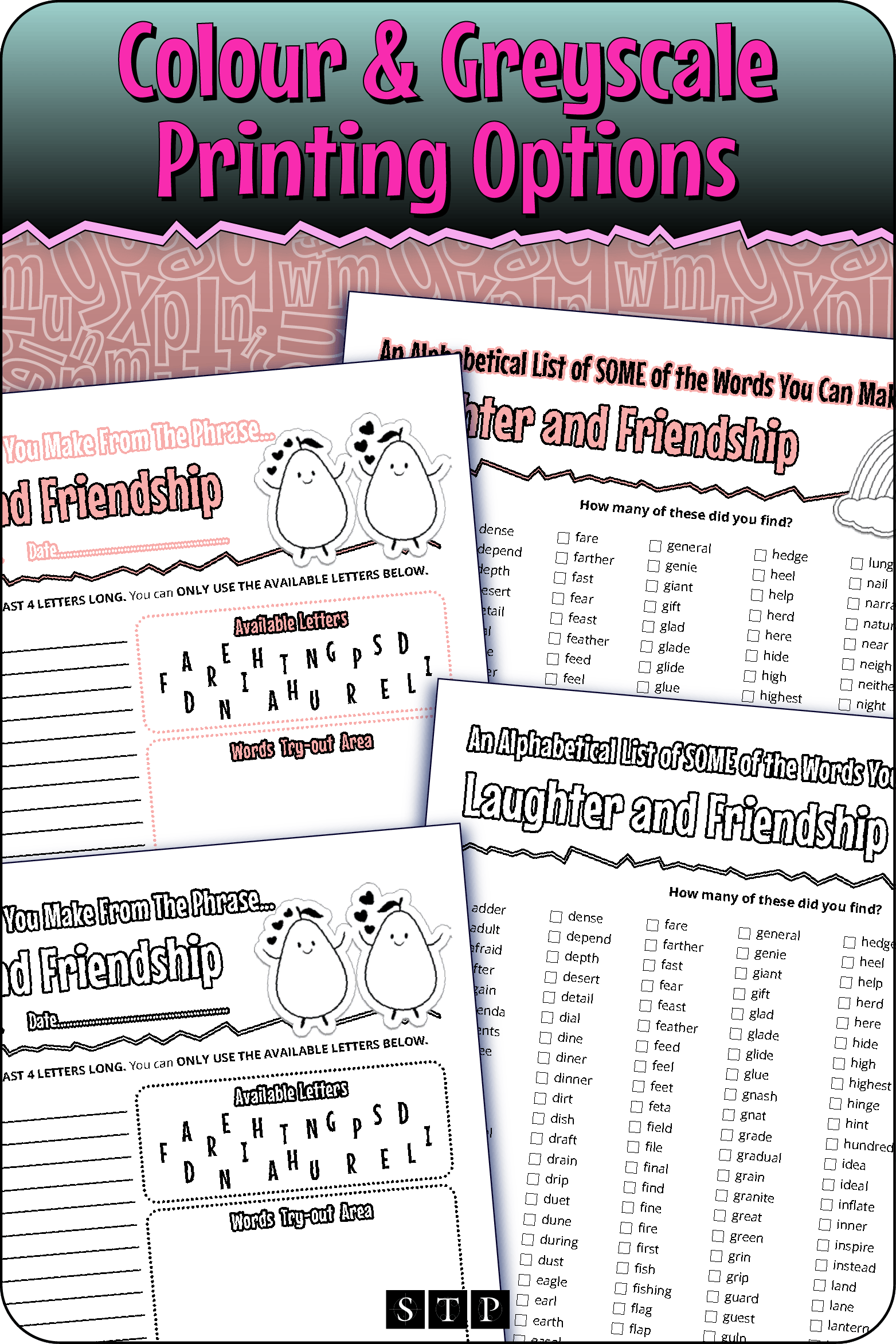 A 'look inside' preview showing the resource is available in both colour-accented and ink-friendly greyscale printing options.