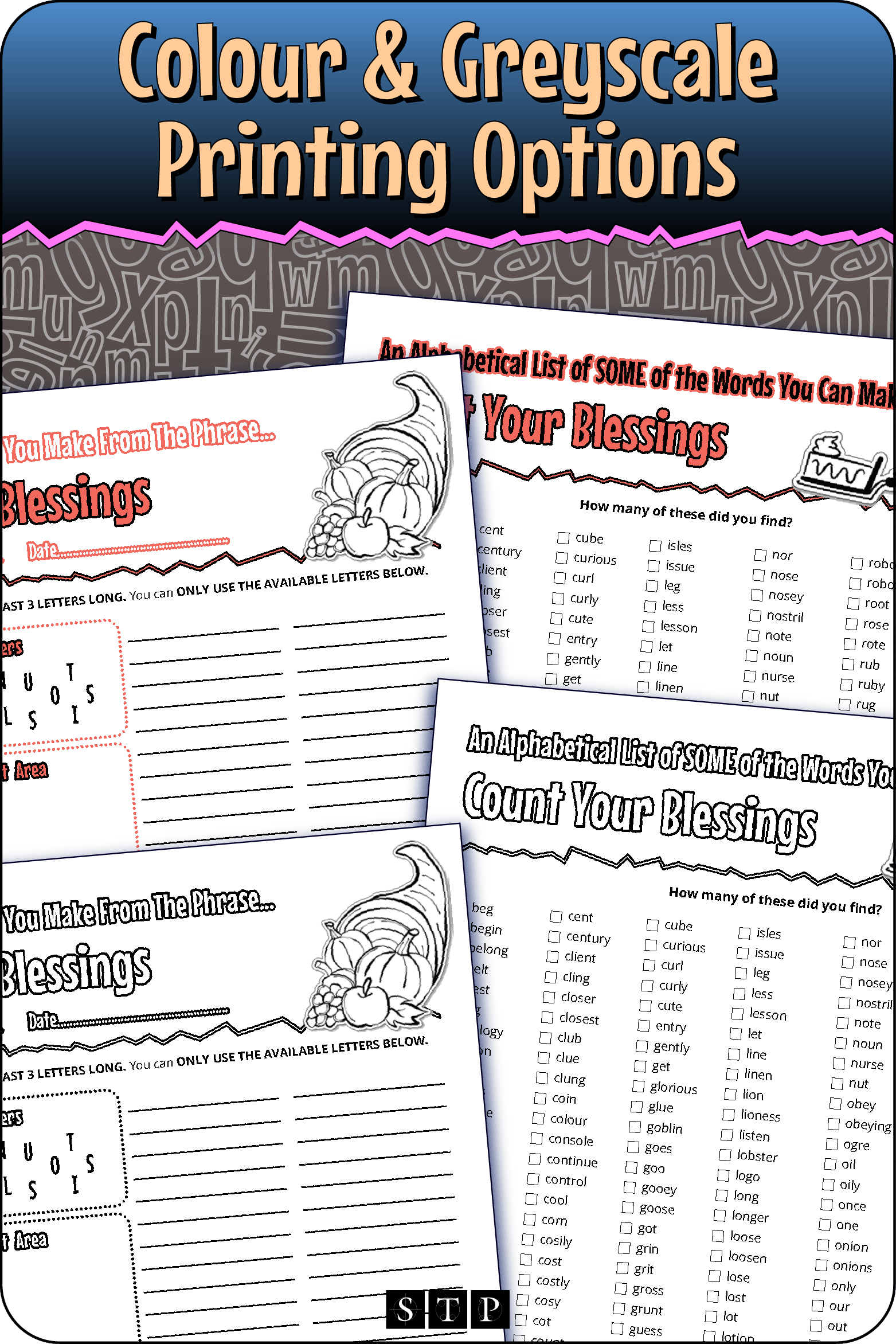 A 'look inside' preview showing the resource is available in both colour-accented and ink-friendly greyscale printing options.