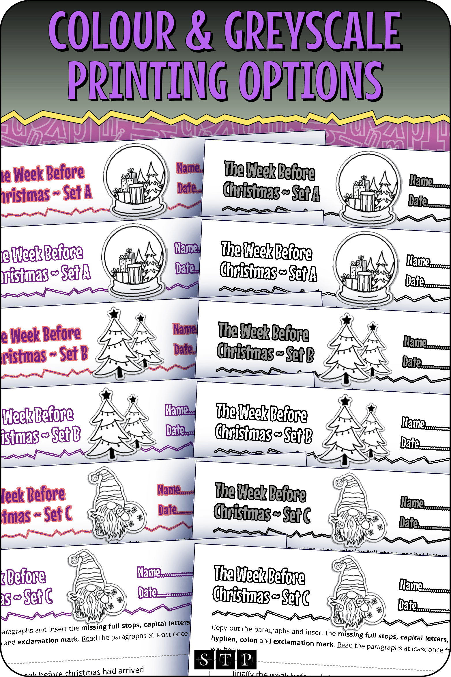 A 'look inside' preview showing the resource is available in both colour-accented and ink-friendly greyscale printing options.