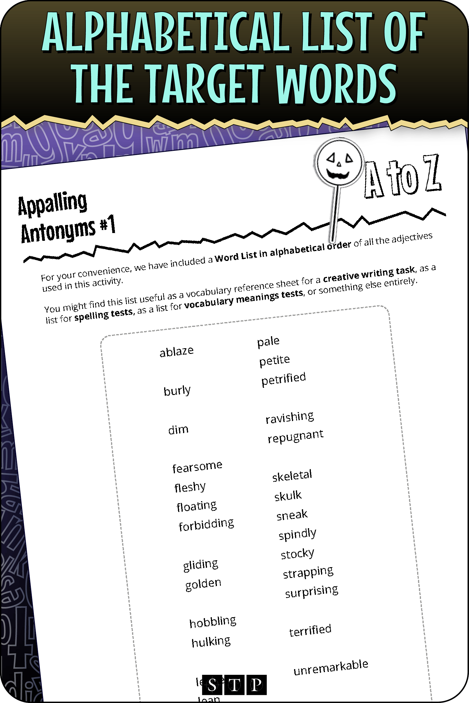 A 'look inside' preview showing the alphabetical list of target words used in the 'Appalling Antonyms #1' worksheets.