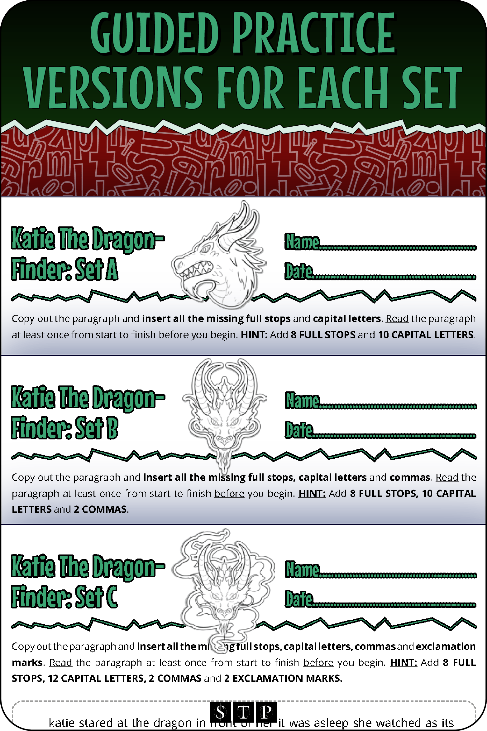 A 'look inside' preview showing the rubrics for the guided practice versions of the 'Katie the Dragon-Finder' paragraph punctuation worksheets.