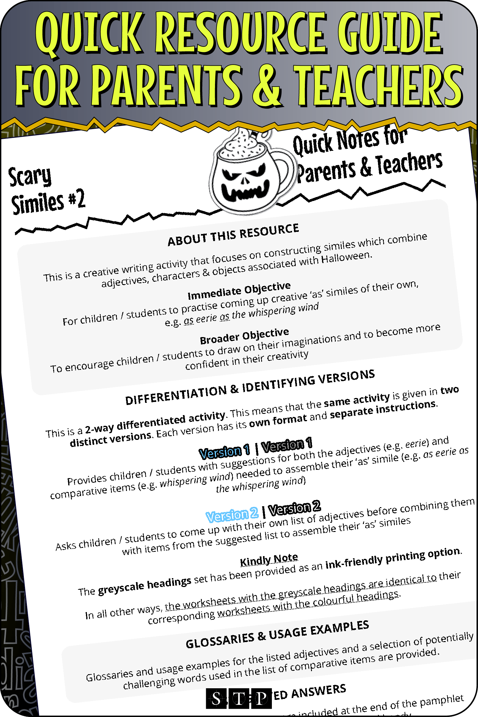 A 'look inside' preview highlighting the 'Quick Resource Guide for Parents & Teachers' included with the worksheets which explains the resource's learning objectives and differentiated versions.